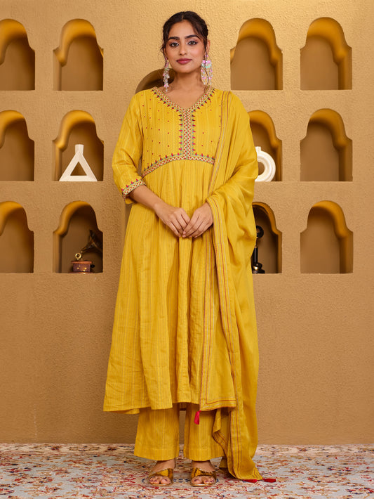 Embroidered Cotton Voile Solid Yellow Dupatta
