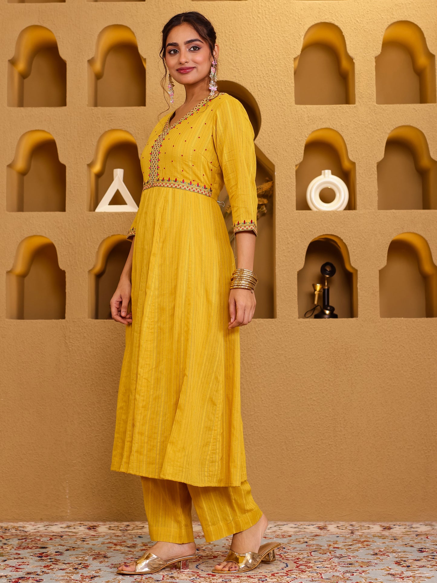 Embroidered Lurex Cotton Solid Yellow Kurta