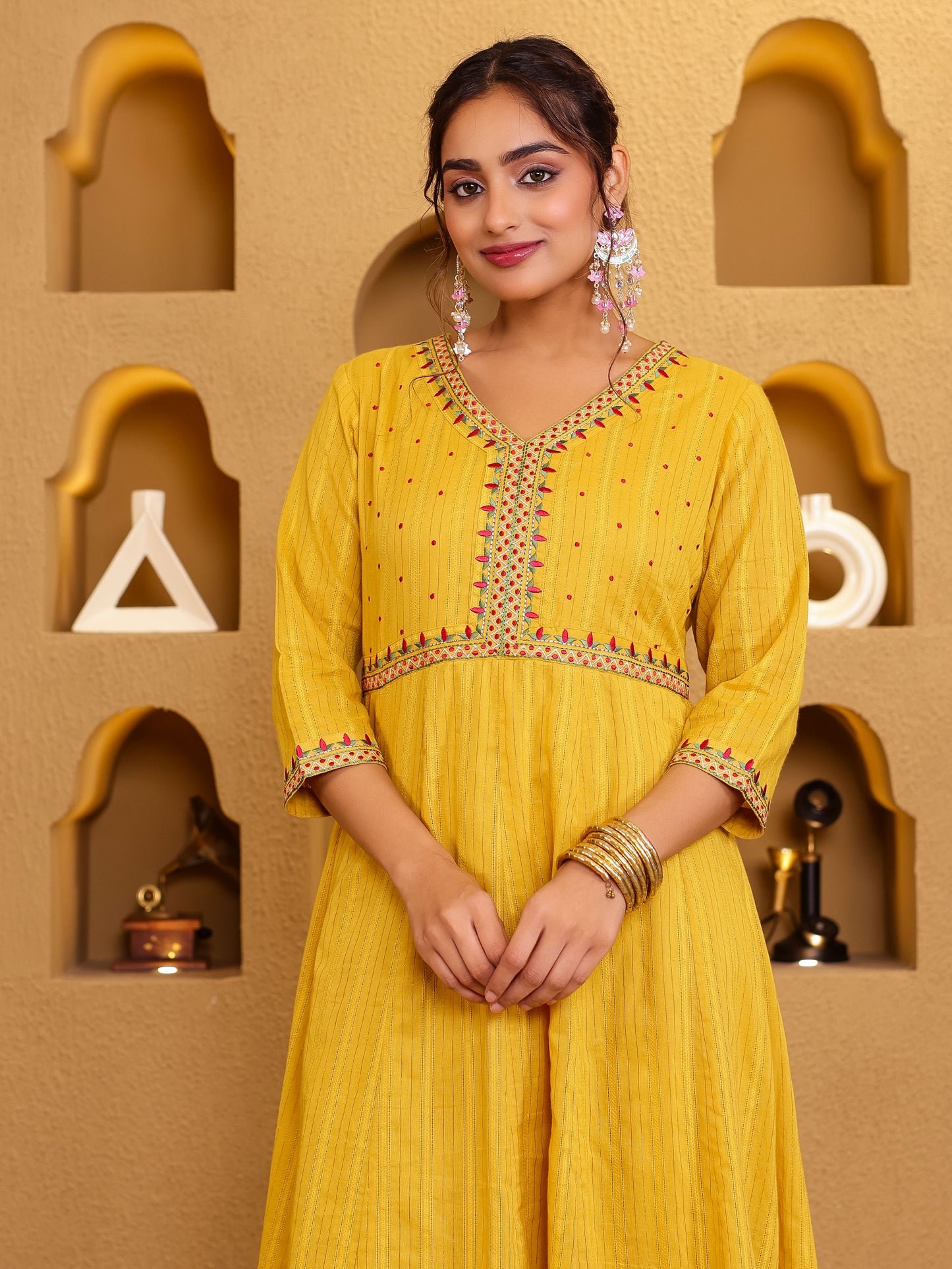 Embroidered Lurex Cotton Solid Yellow Kurta