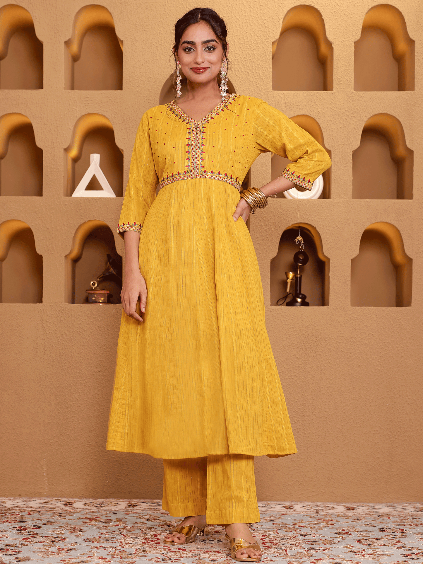 Embroidered Lurex Cotton Solid Yellow Kurta