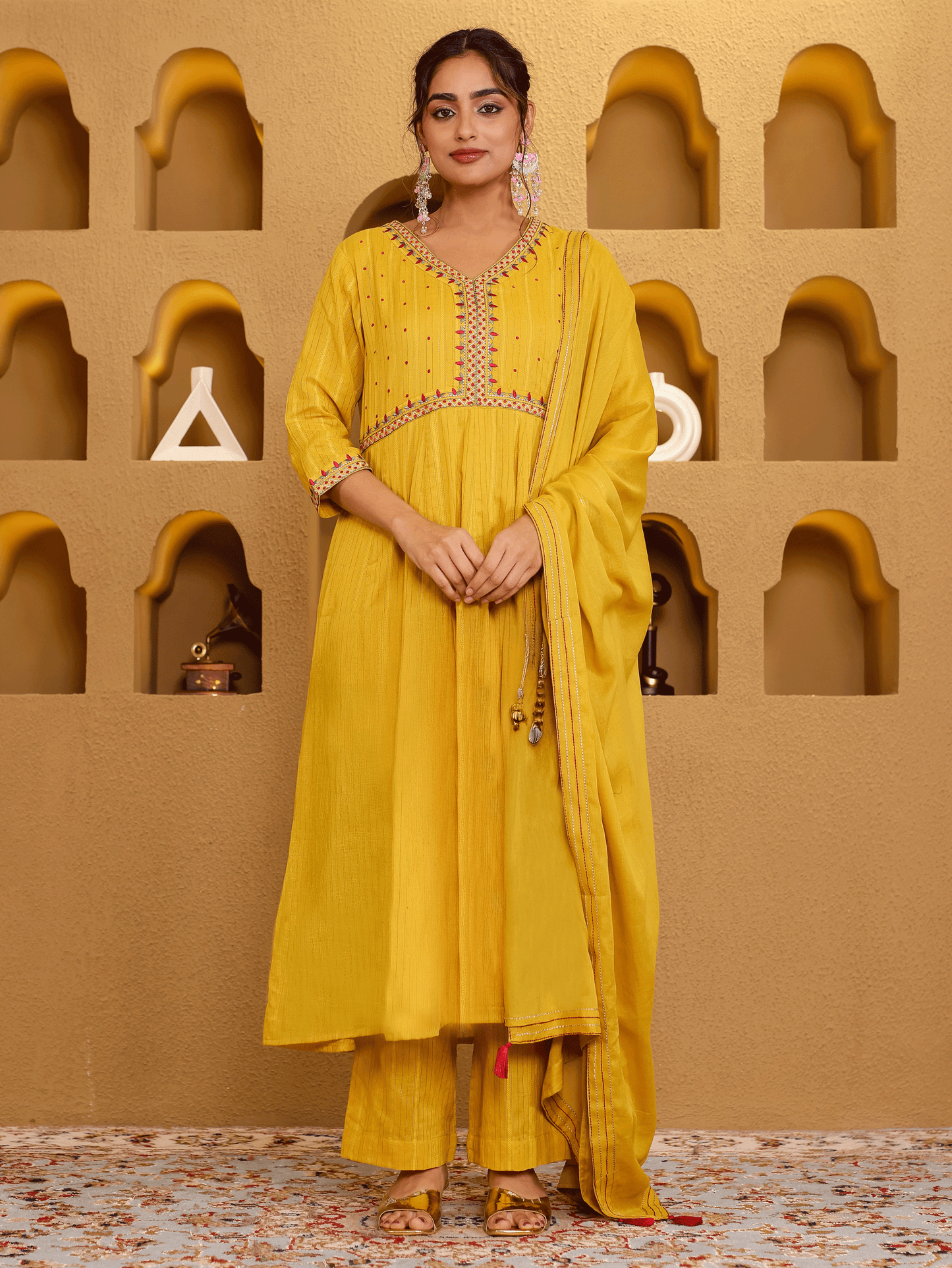 Embroidered Lurex Cotton Solid Yellow Kurta
