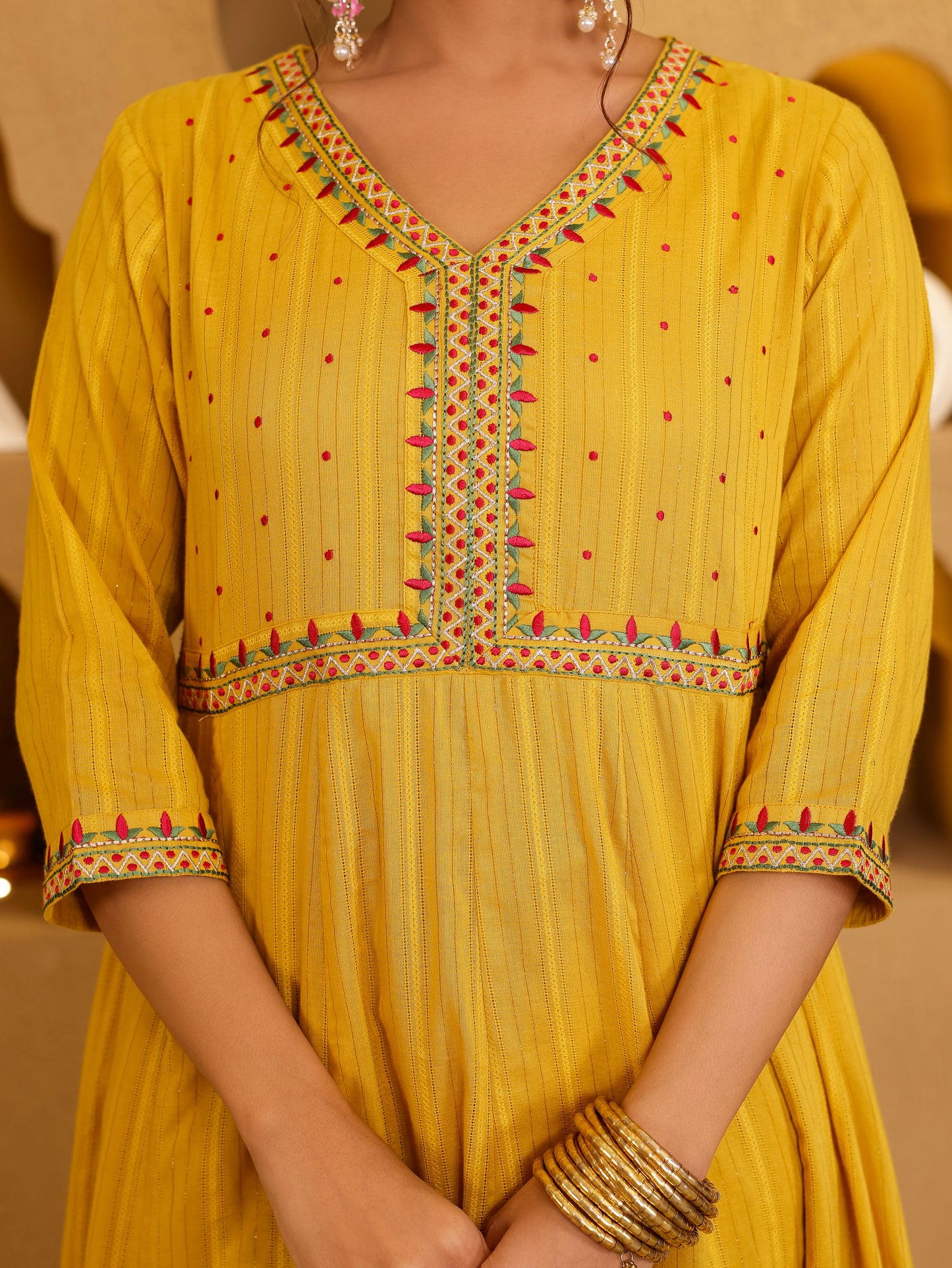 Embroidered Lurex Cotton Solid Yellow Kurta