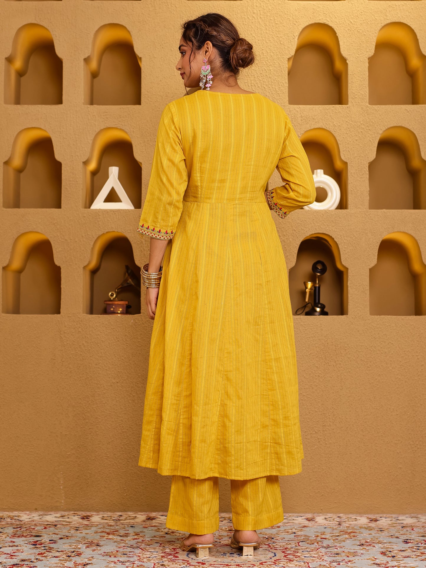 Embroidered Lurex Cotton Solid Yellow Kurta