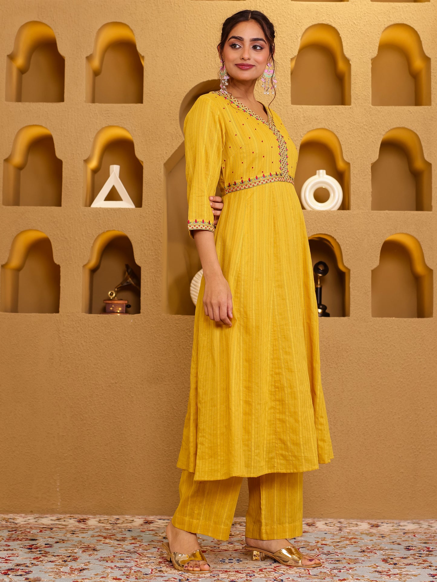 Embroidered Lurex Cotton Solid Yellow Kurta