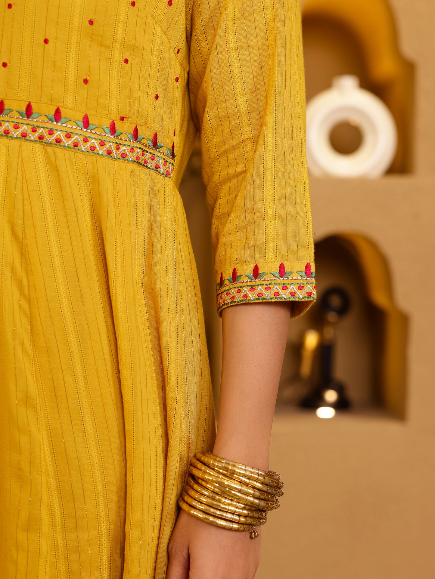 Embroidered Lurex Cotton Solid Yellow Kurta