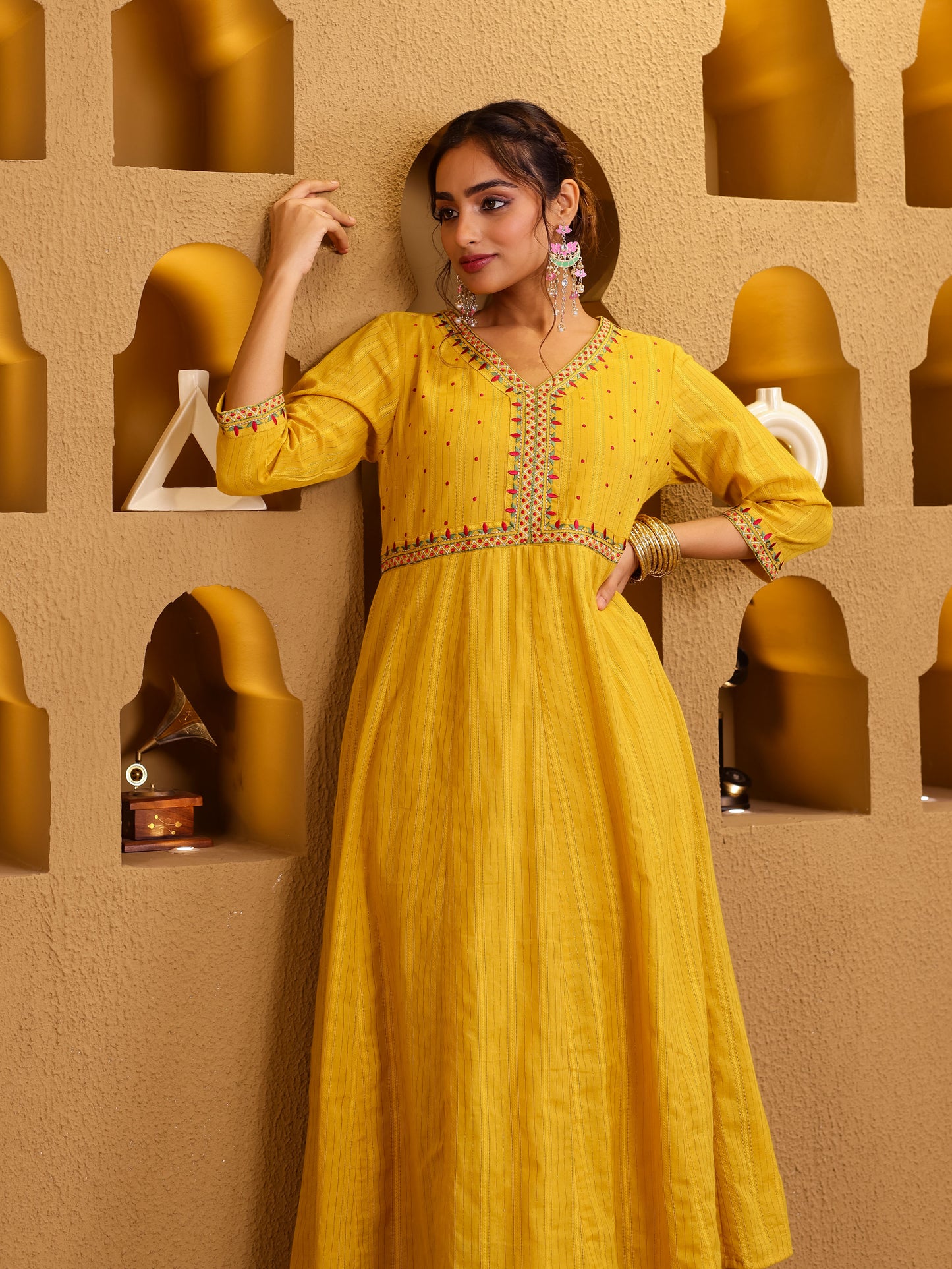 Embroidered Lurex Cotton Solid Yellow Kurta
