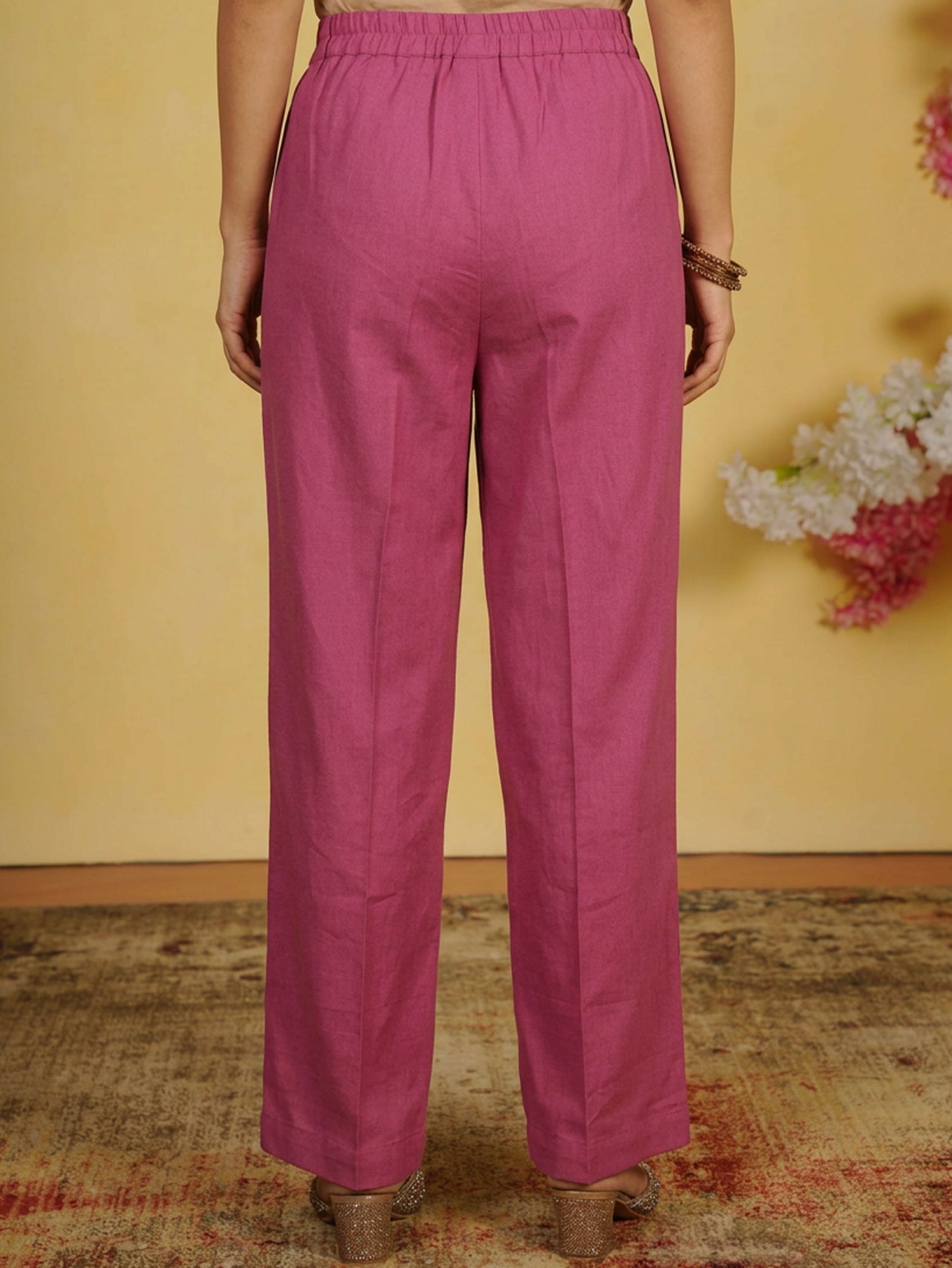 Embroidered Linen Cotton Solid Straight Pink Kurta