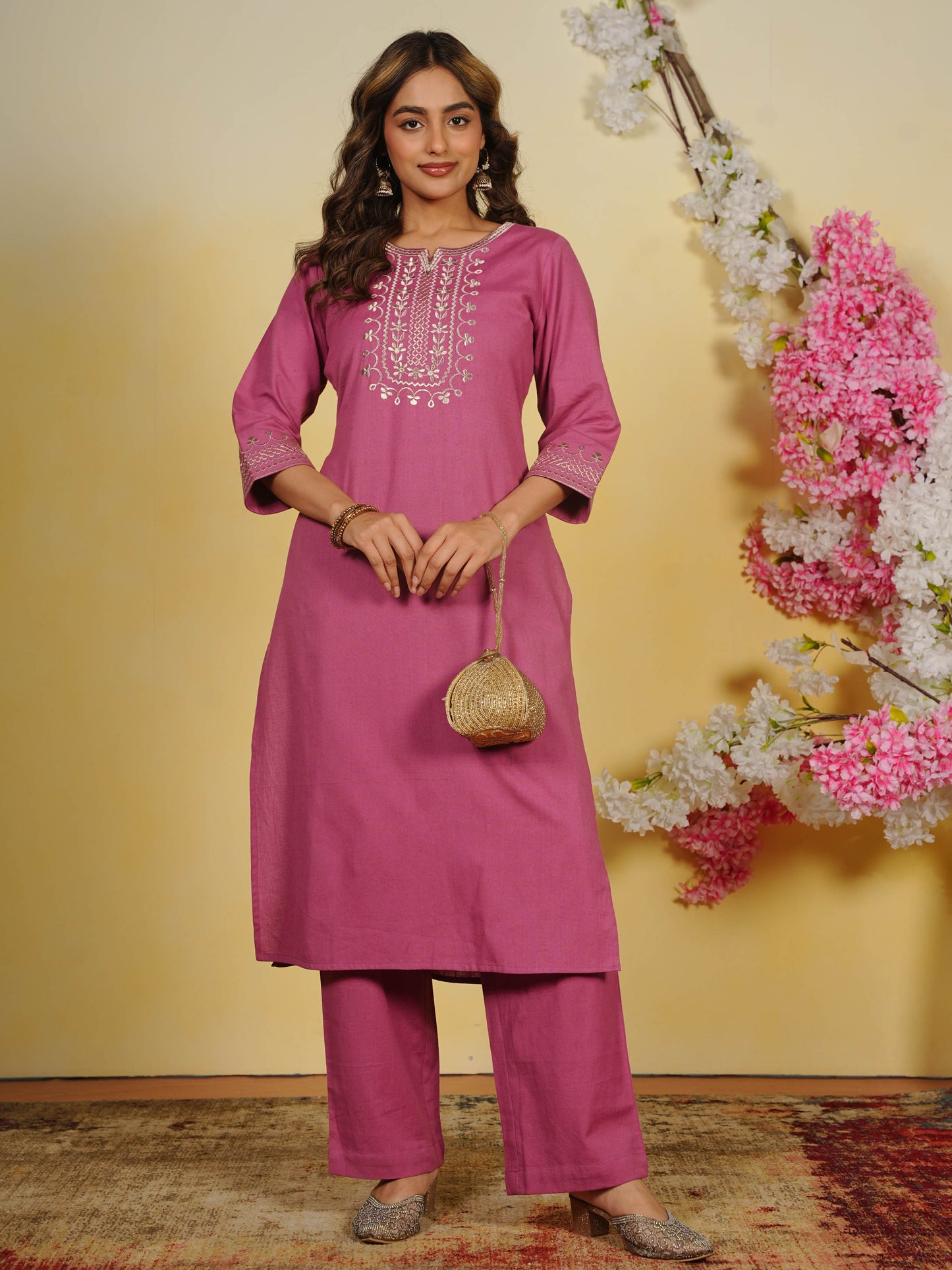 Embroidered Linen Cotton Solid Straight Pink Kurta