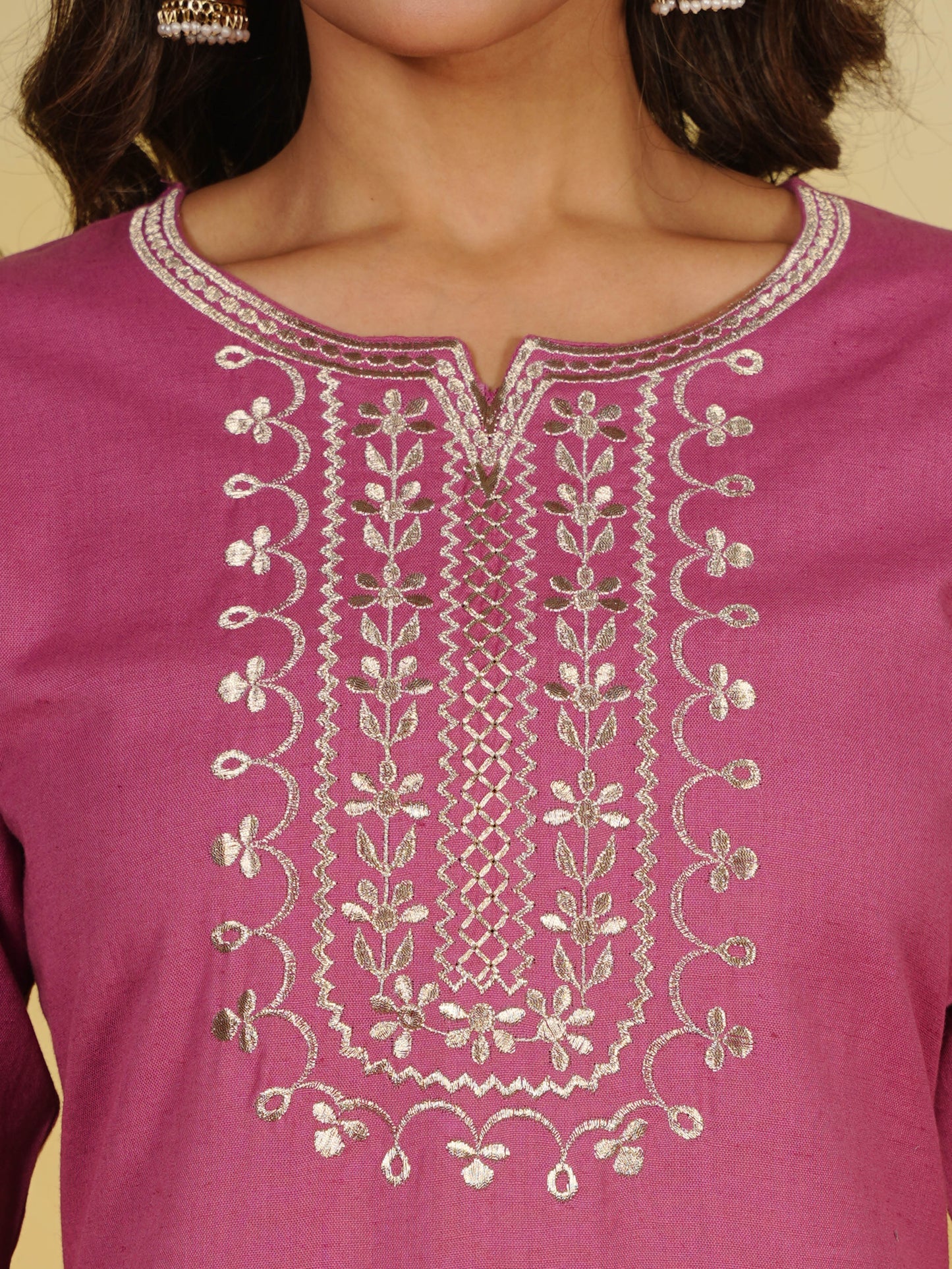 Embroidered Linen Cotton Solid Straight Pink Kurta