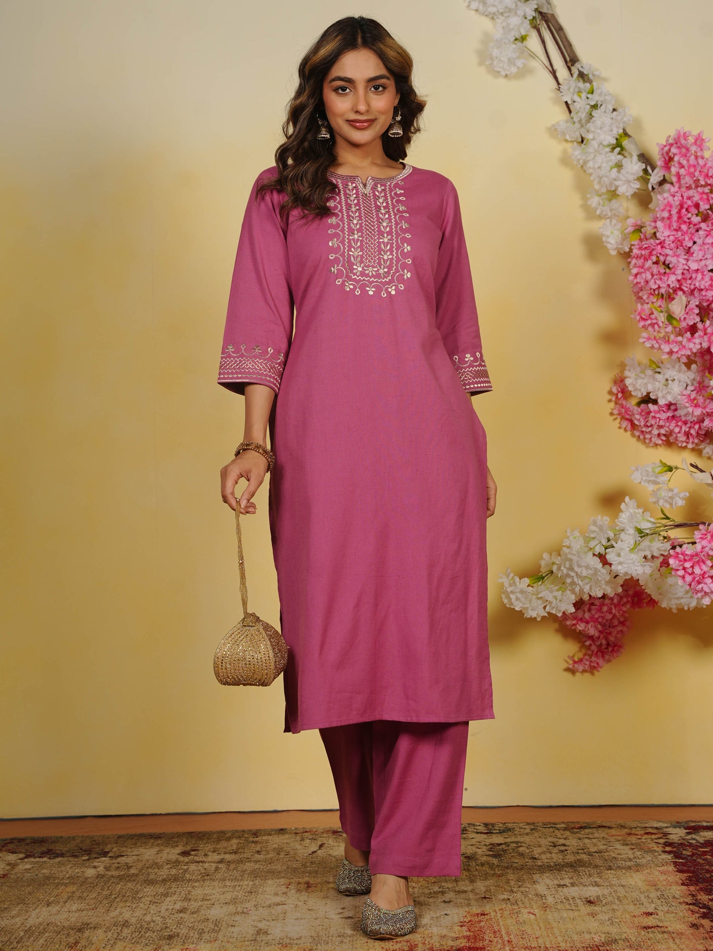 Embroidered Linen Cotton Solid Straight Pink Kurta