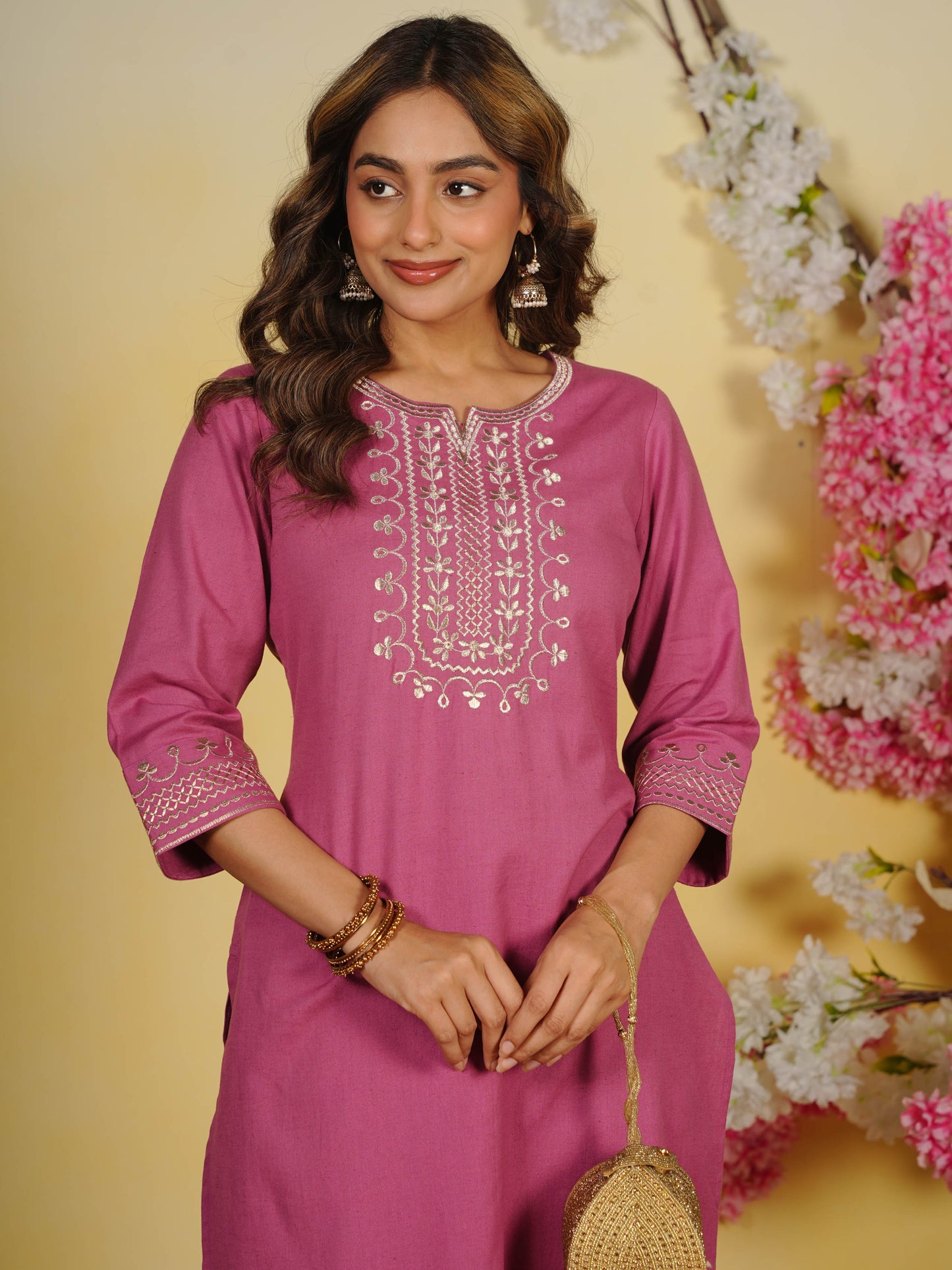 Embroidered Linen Cotton Solid Straight Pink Kurta