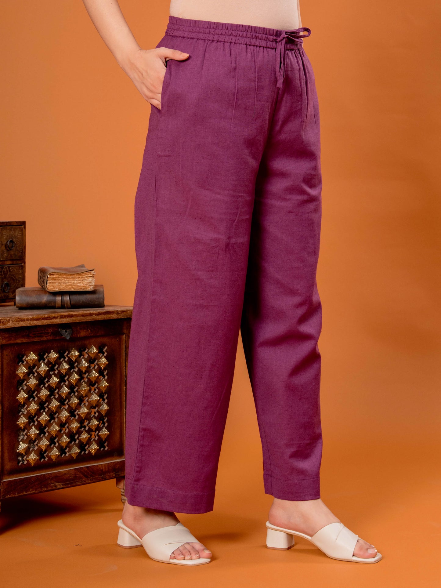 Linen Cotton Solid Purple Palazzo