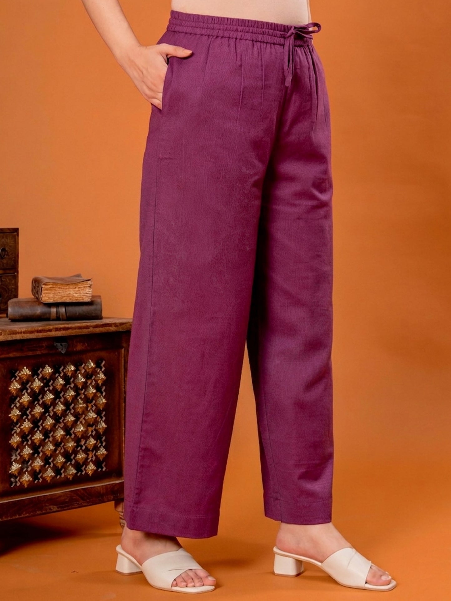 Embroidered Linen Cotton Solid Straight Purple Kurta