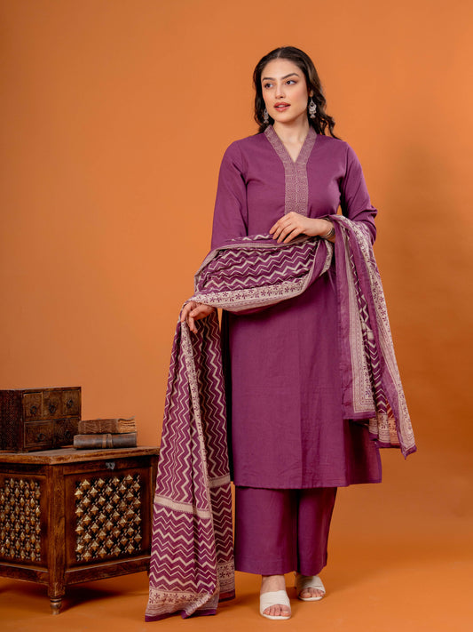 Embroidered Linen Cotton Solid Straight Purple Kurta