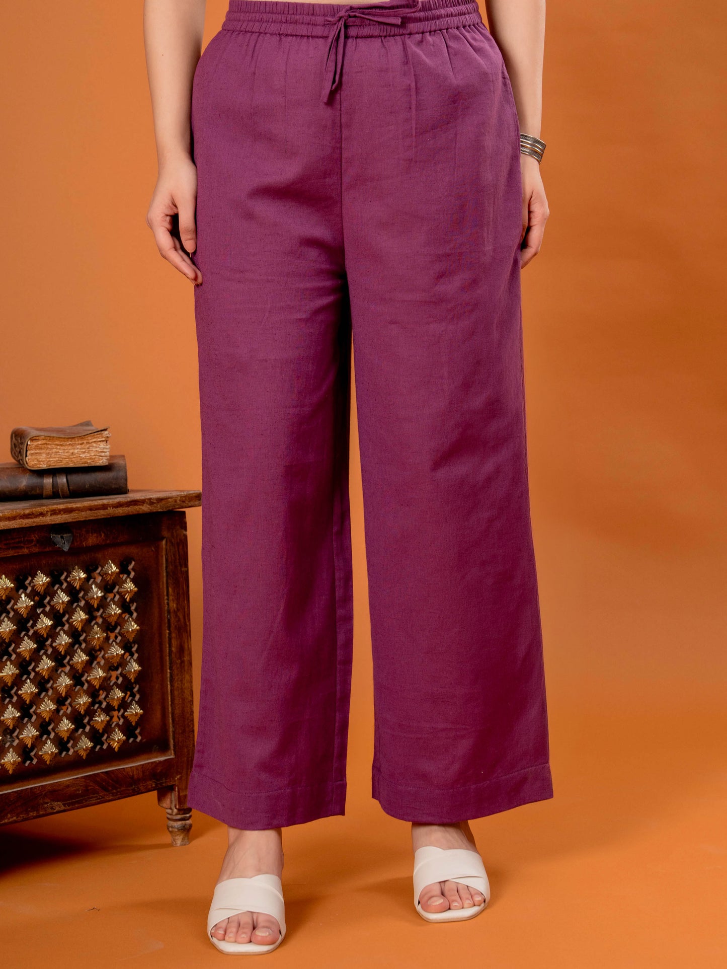 Embroidered Linen Cotton Solid Straight Purple Kurta