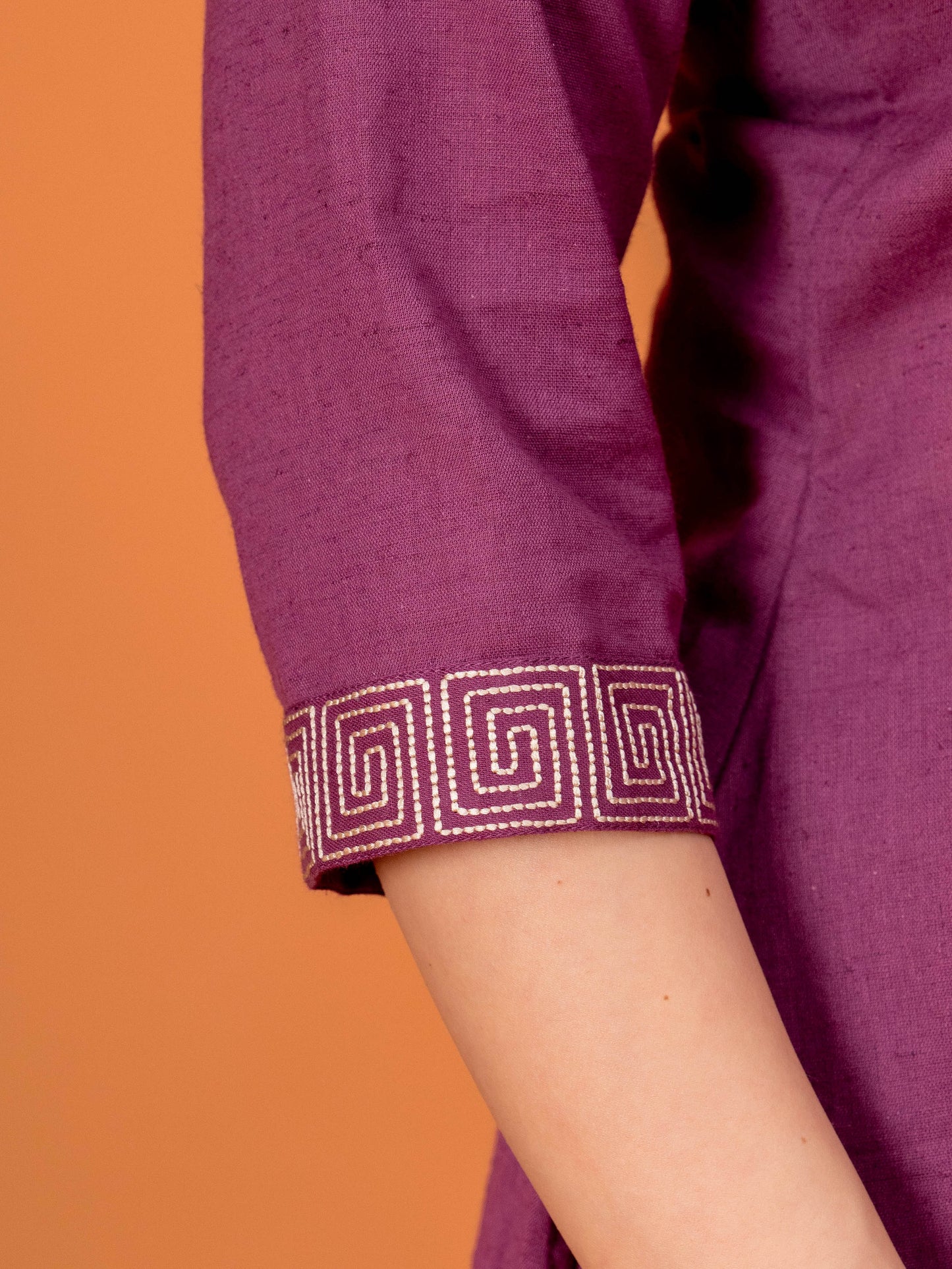 Embroidered Linen Cotton Solid Straight Purple Kurta
