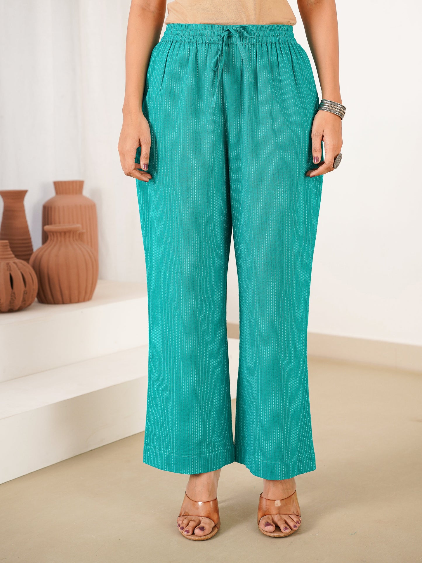 Kantha Cotton Solid Mint Green Palazzo