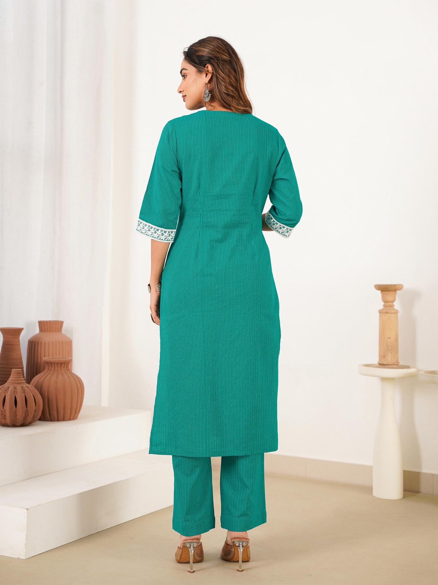 Kantha Cotton Solid Straight Mint Green Kurta