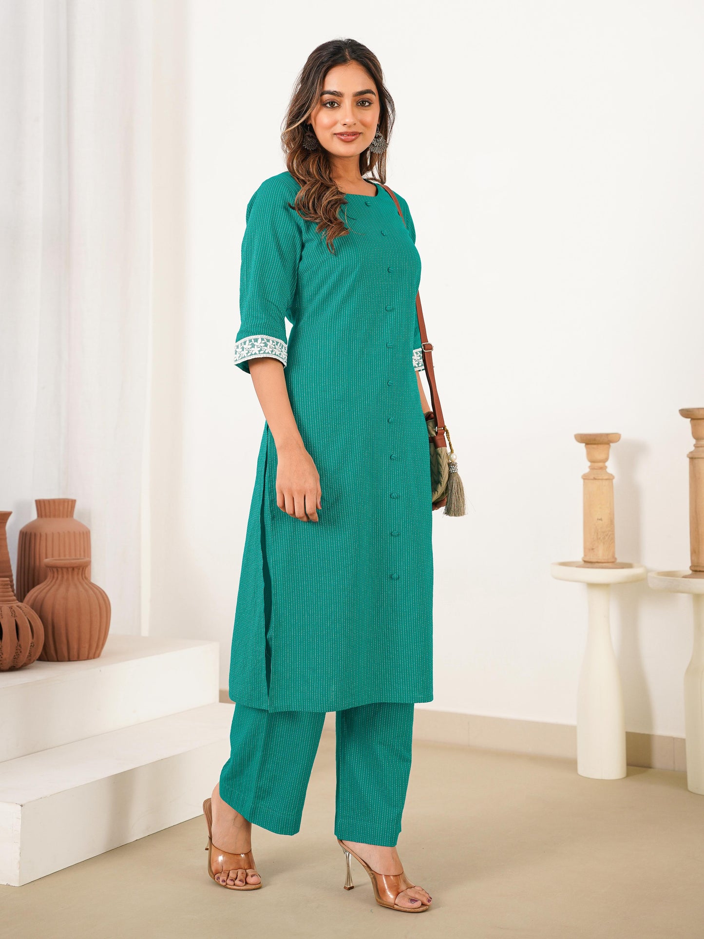 Kantha Cotton Solid Straight Mint Green Kurta
