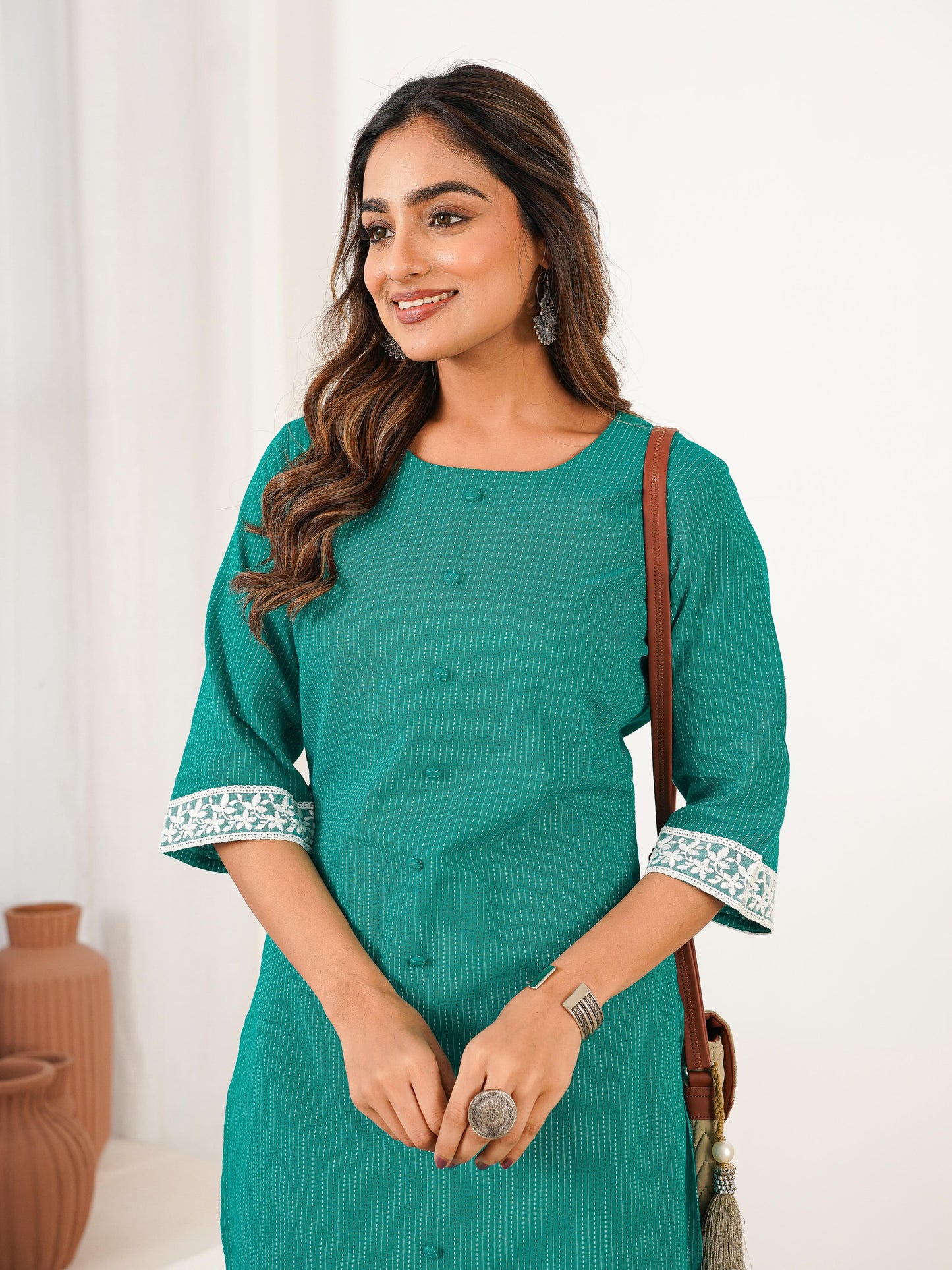 Kantha Cotton Solid Straight Mint Green Kurta