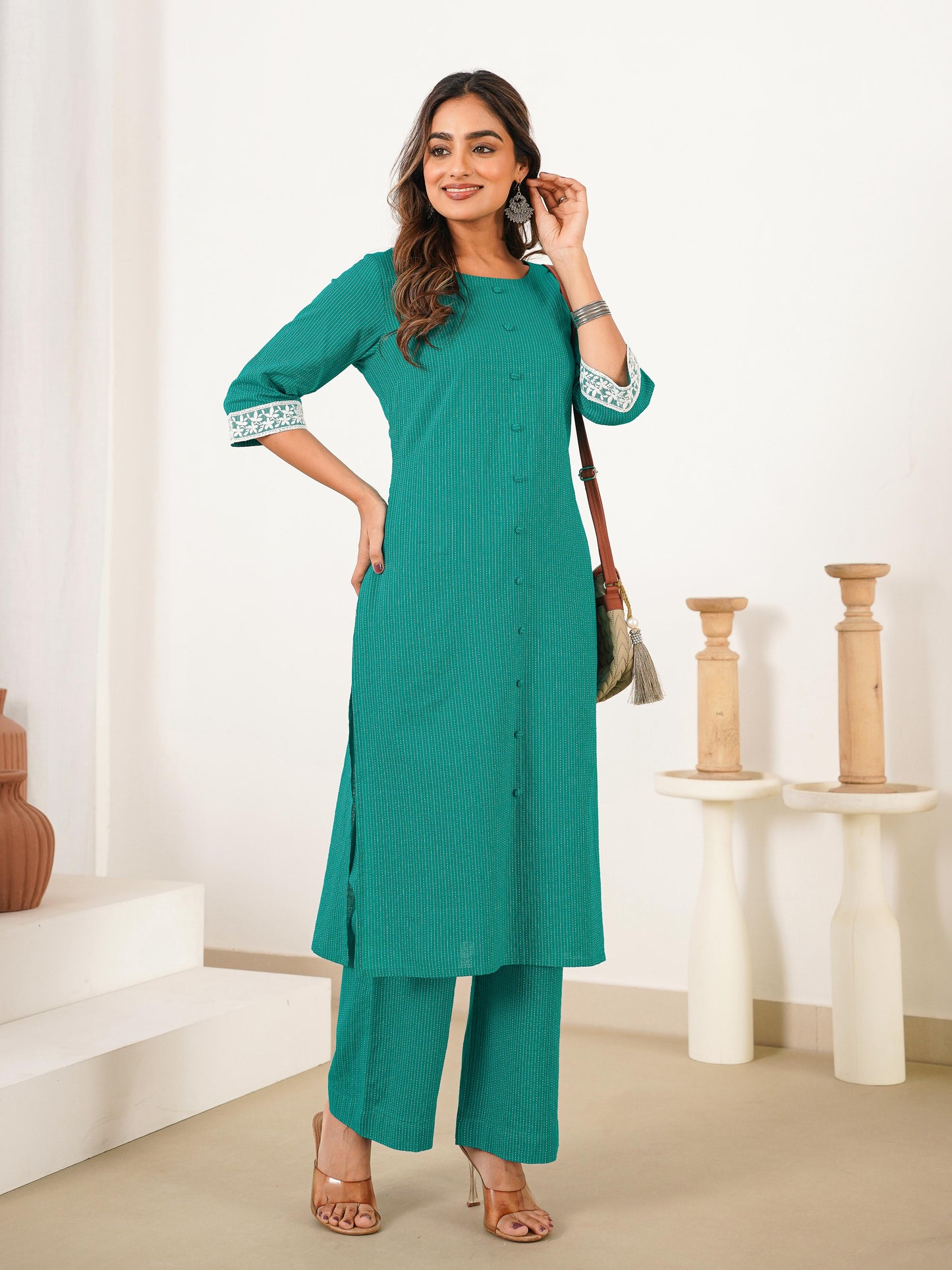 Kantha Cotton Solid Straight Mint Green Kurta