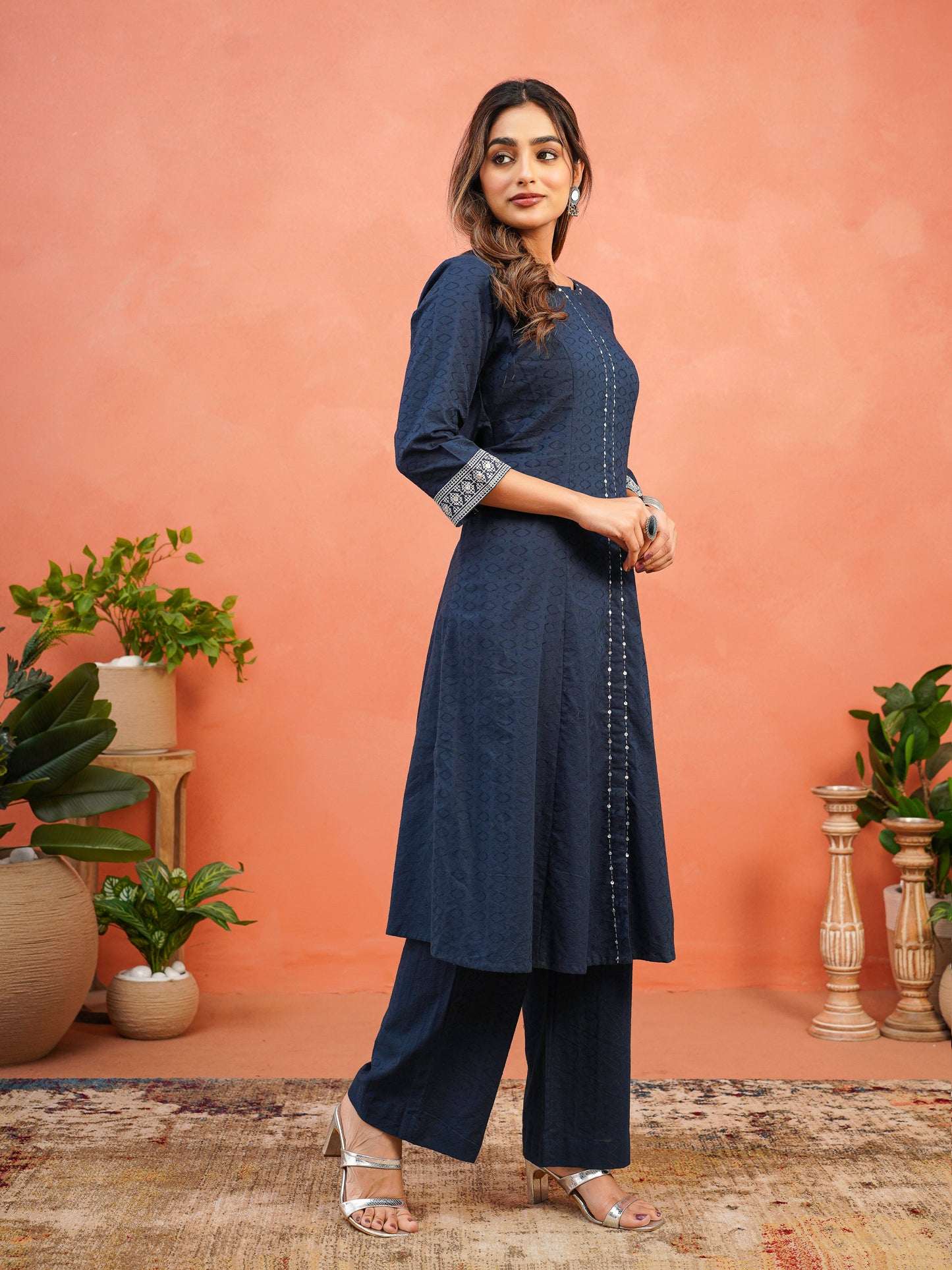 Embroidered Cotton Jacquard Solid Flared Blue Kurta