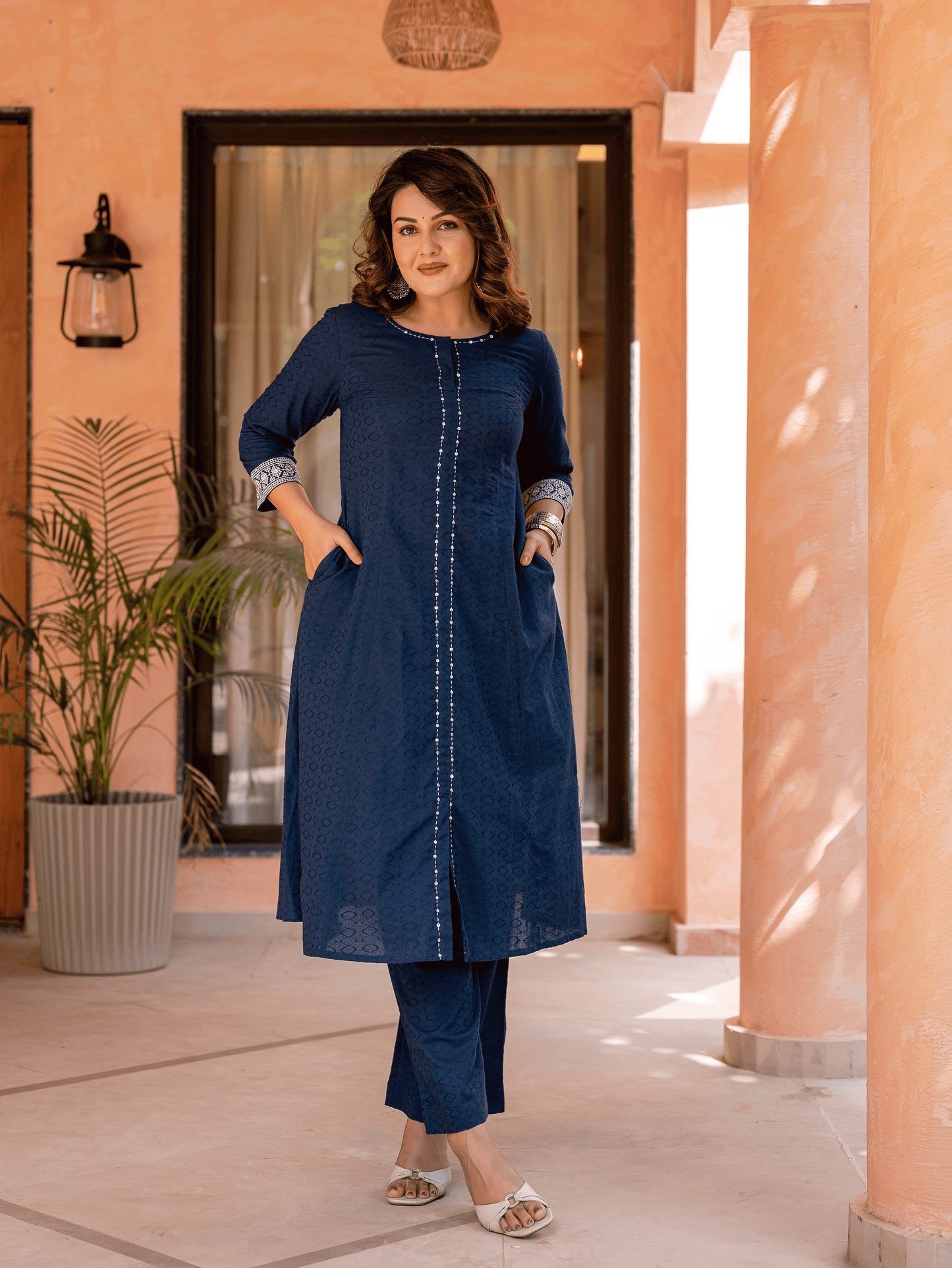 Embroidered Cotton Jacquard Solid Flared Blue Kurta