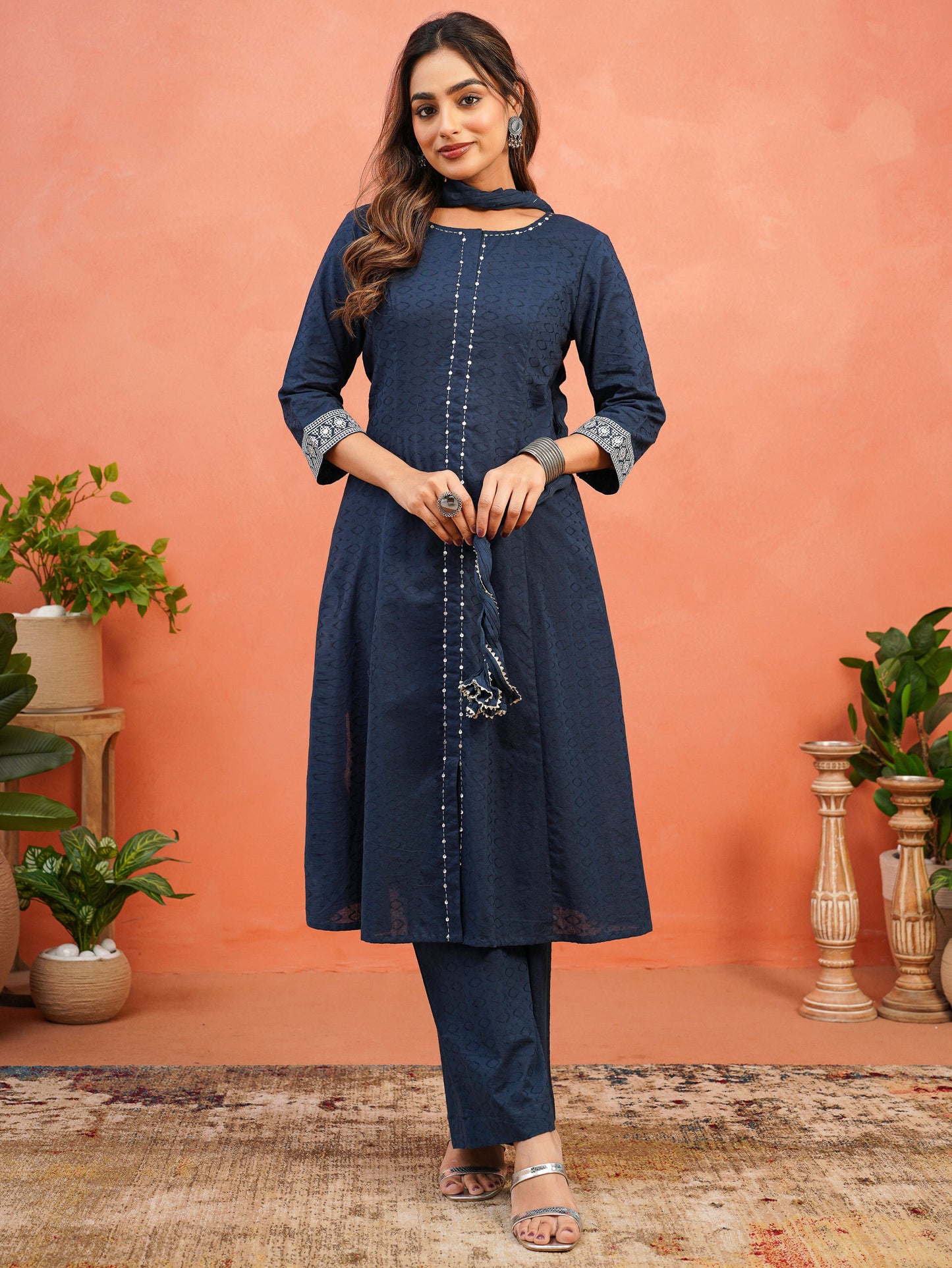 Embroidered Cotton Jacquard Solid Flared Blue Kurta