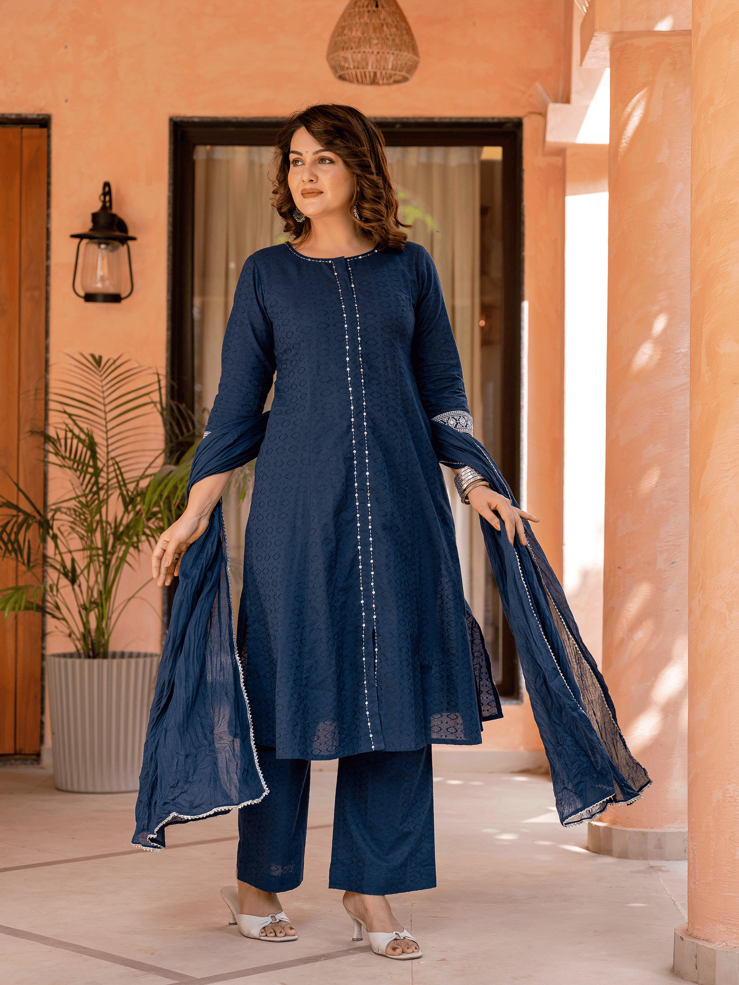 Embroidered Cotton Jacquard Solid Flared Blue Kurta