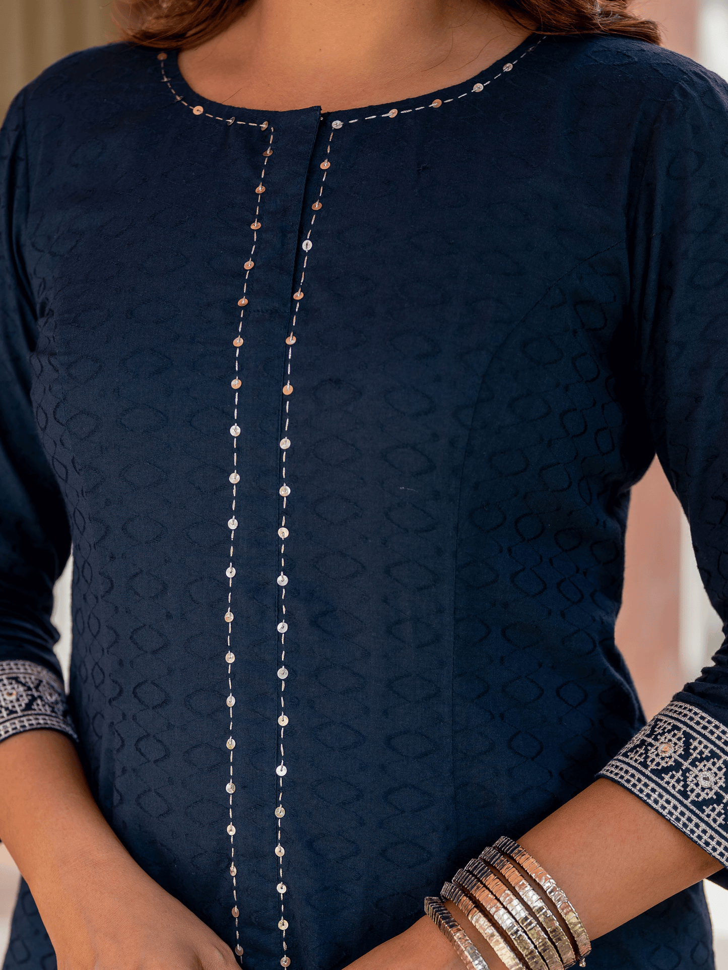 Embroidered Cotton Jacquard Solid Flared Blue Kurta