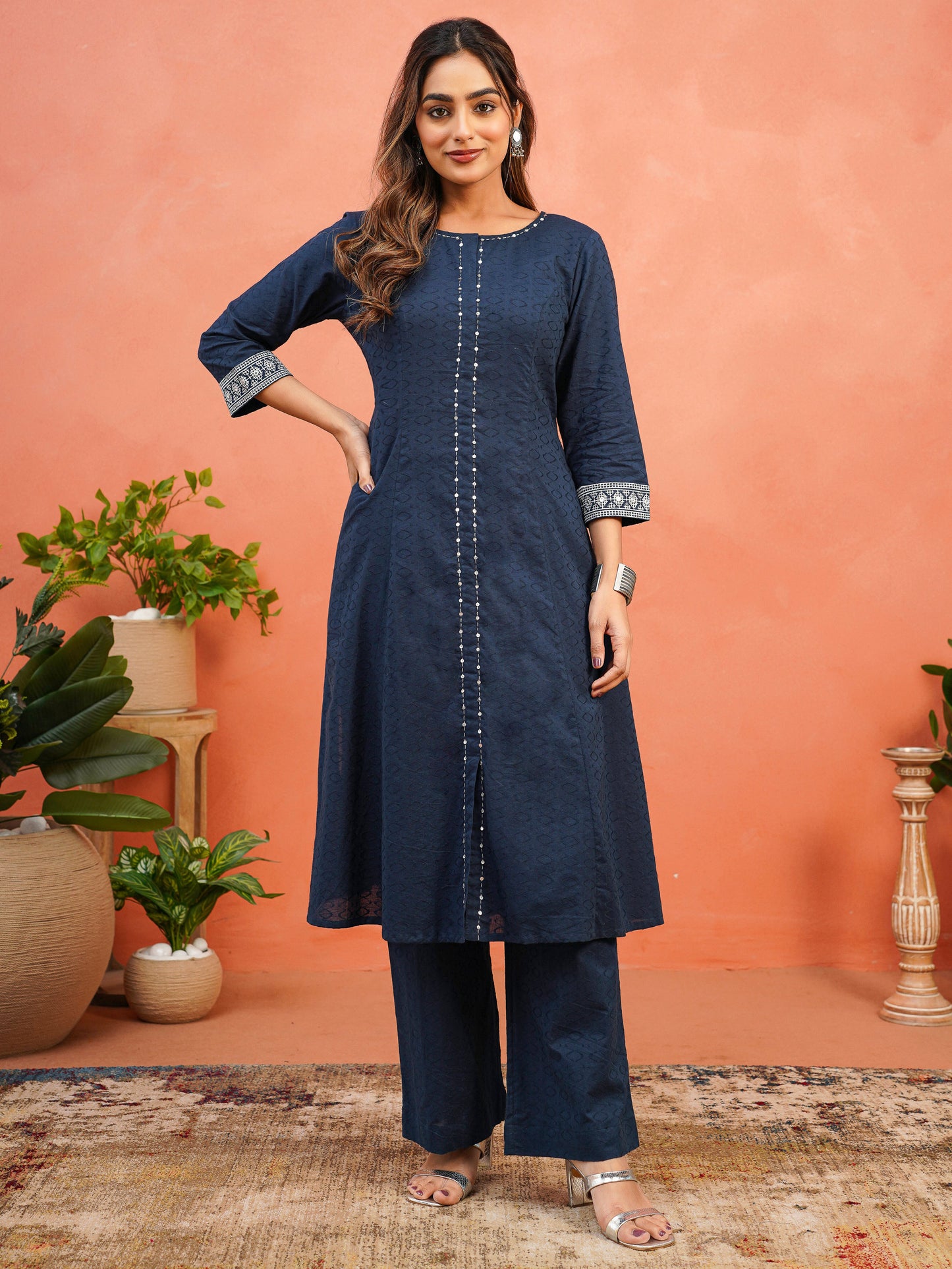 Embroidered Cotton Jacquard Solid Flared Blue Kurta