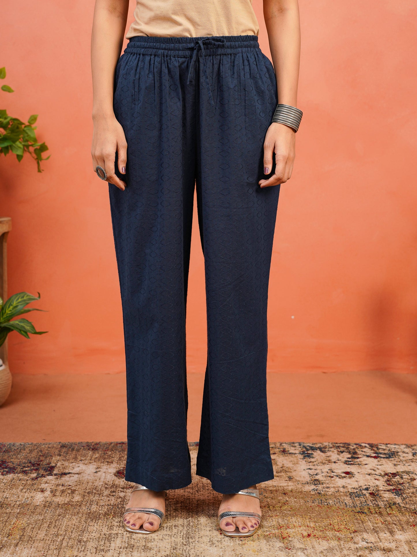 Embroidered Cotton Jacquard Solid Flared Blue Kurta