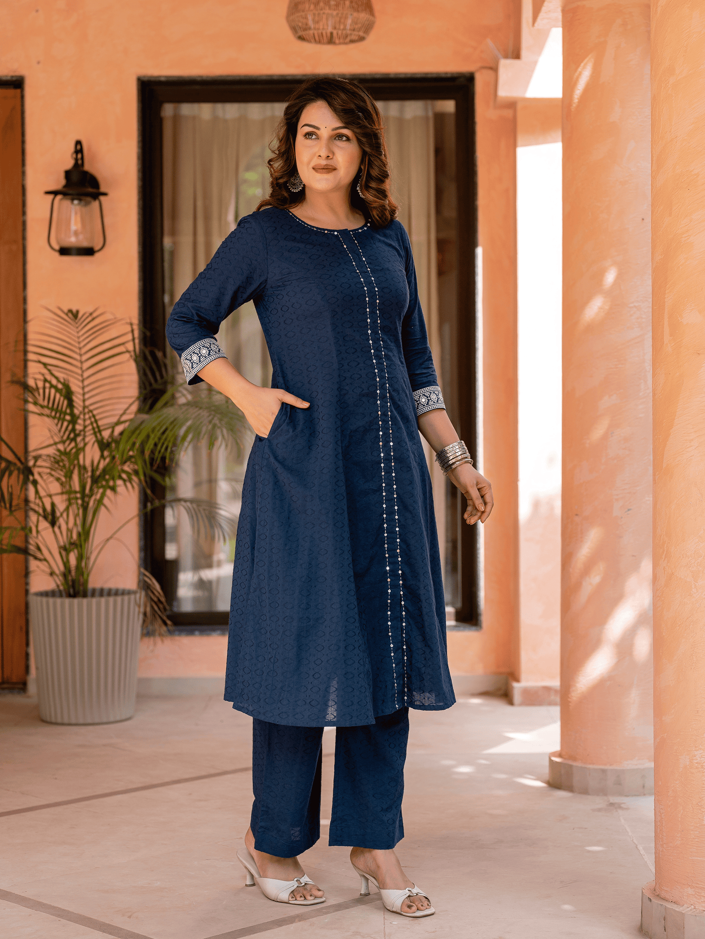 Embroidered Cotton Jacquard Solid Flared Blue Kurta