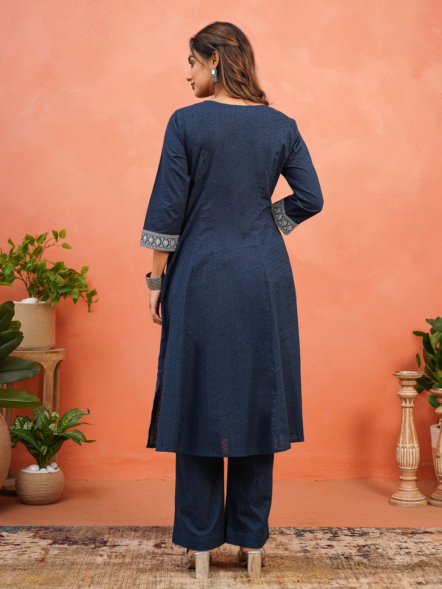 Embroidered Cotton Jacquard Solid Flared Blue Kurta