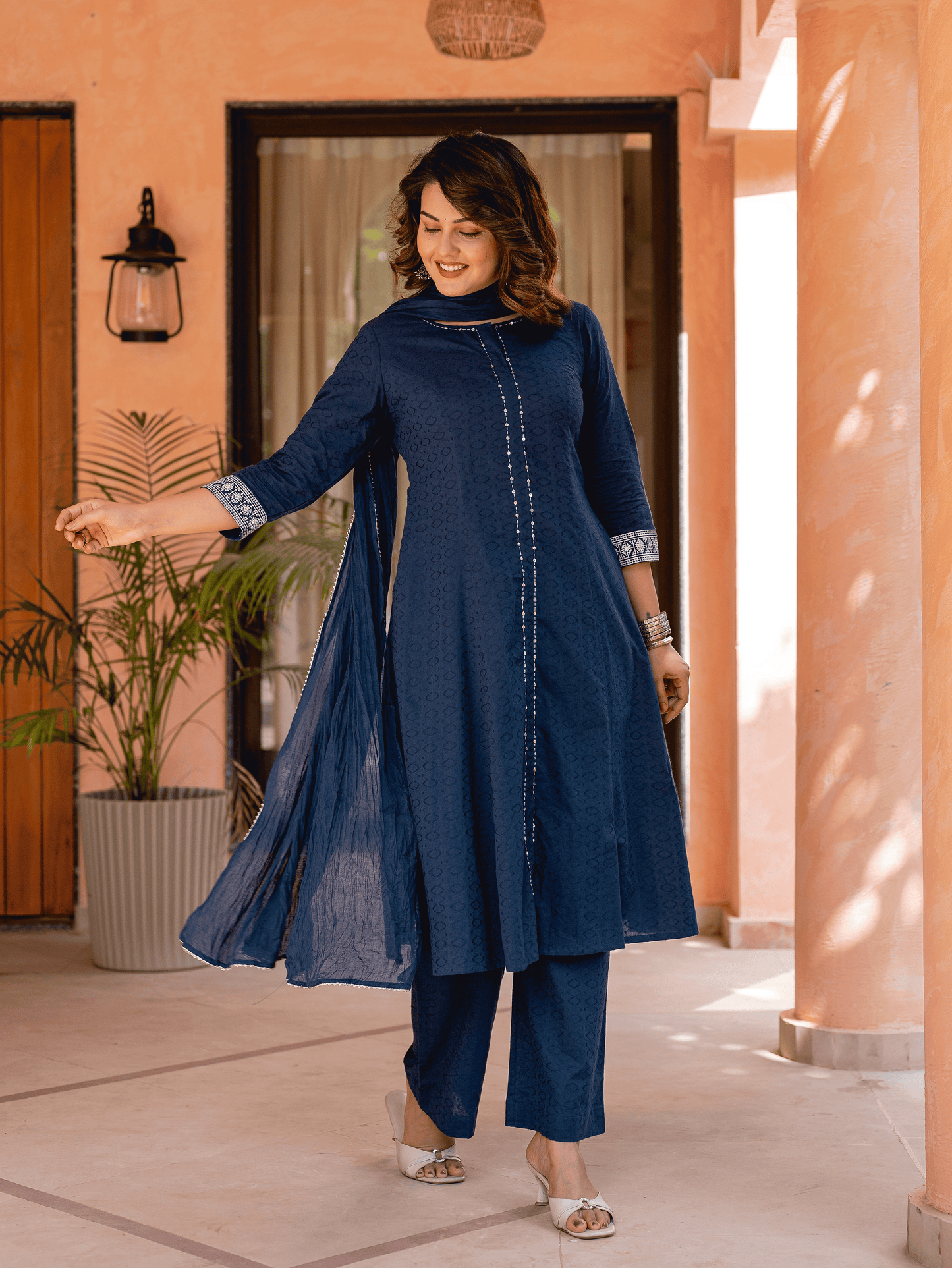 Embroidered Cotton Jacquard Solid Flared Blue Kurta