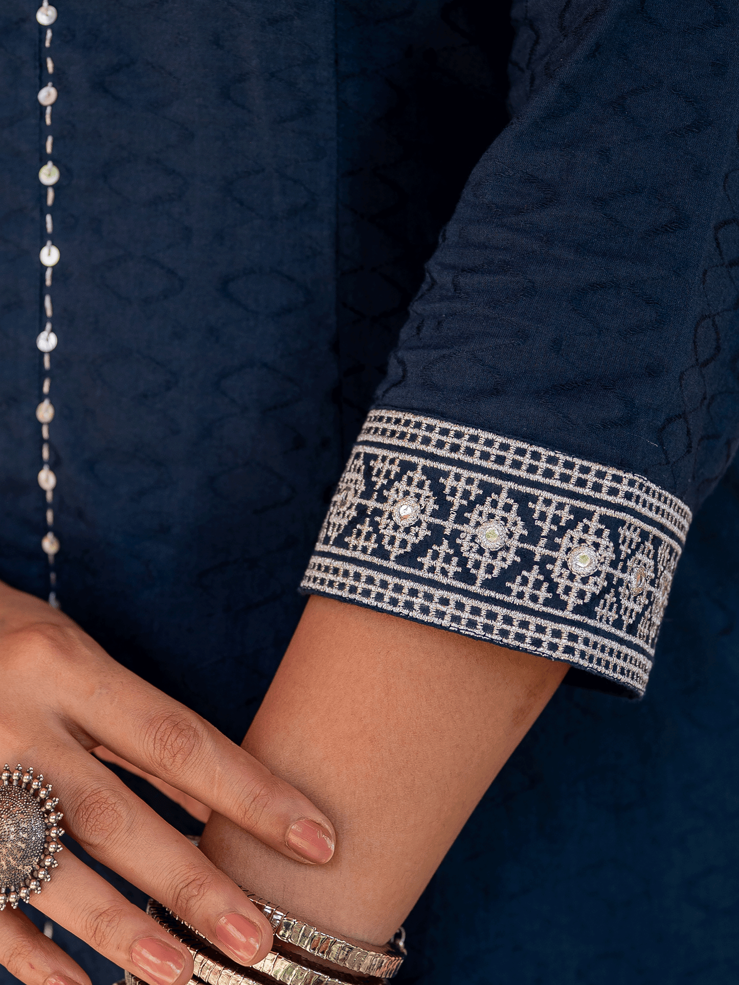 Embroidered Cotton Jacquard Solid Flared Blue Kurta
