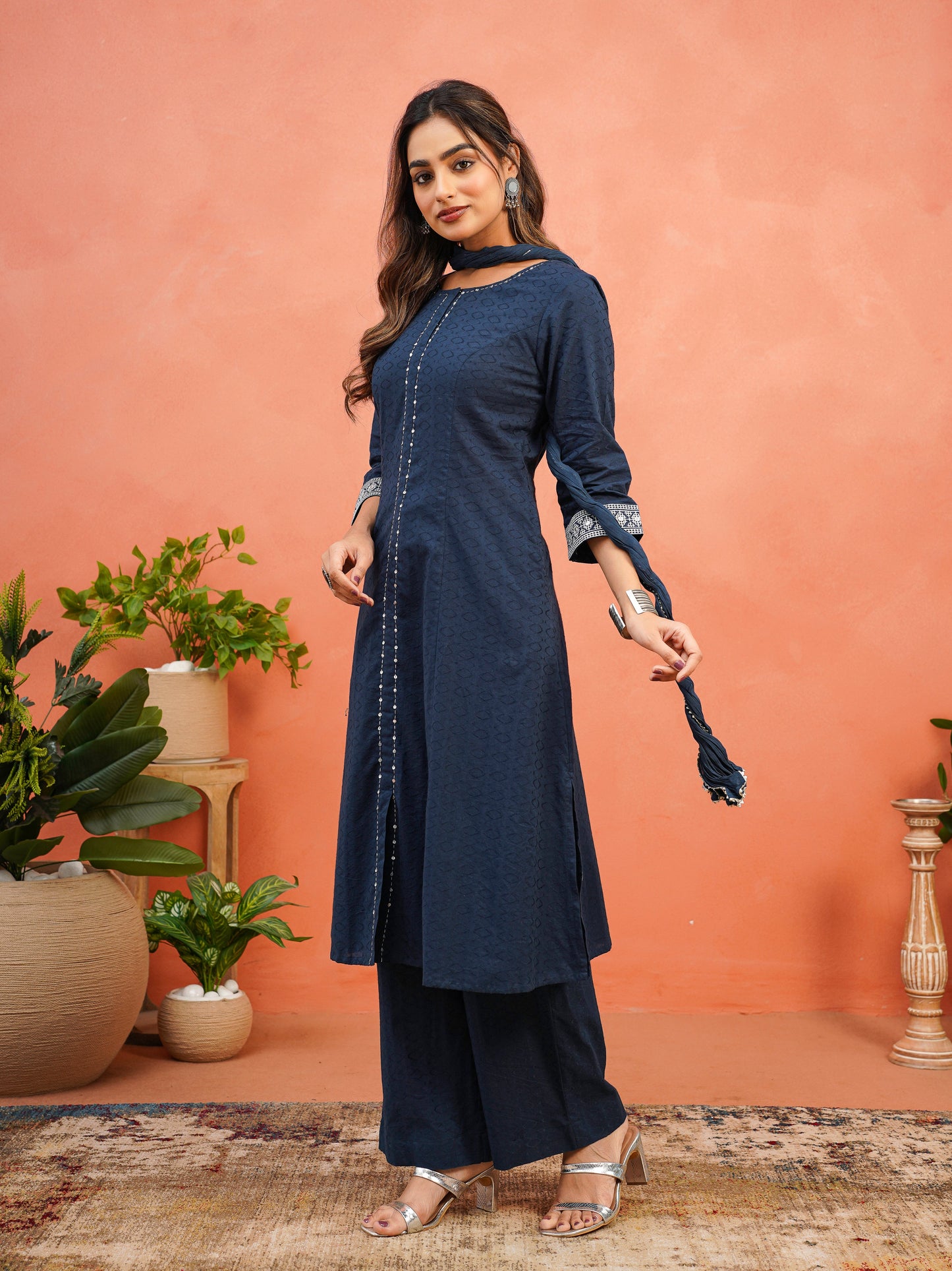Embroidered Cotton Jacquard Solid Flared Blue Kurta