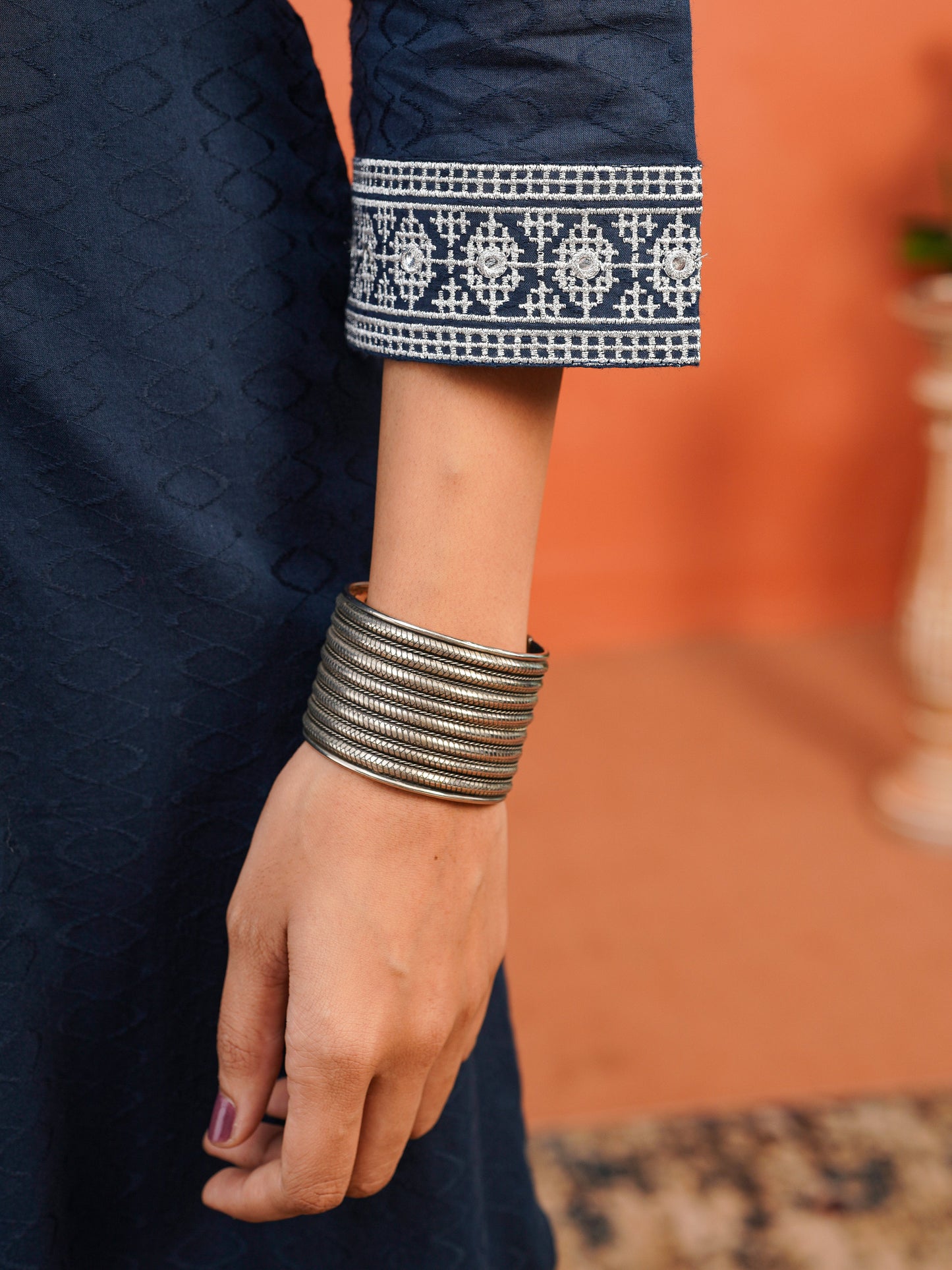 Embroidered Cotton Jacquard Solid Flared Blue Kurta