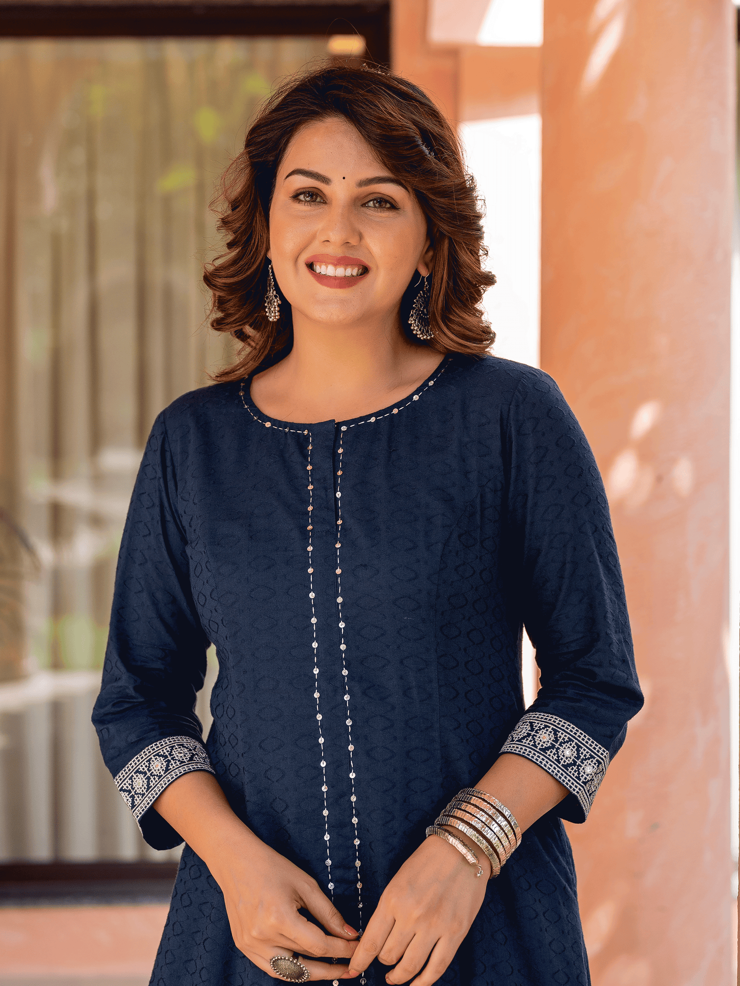 Embroidered Cotton Jacquard Solid Flared Blue Kurta