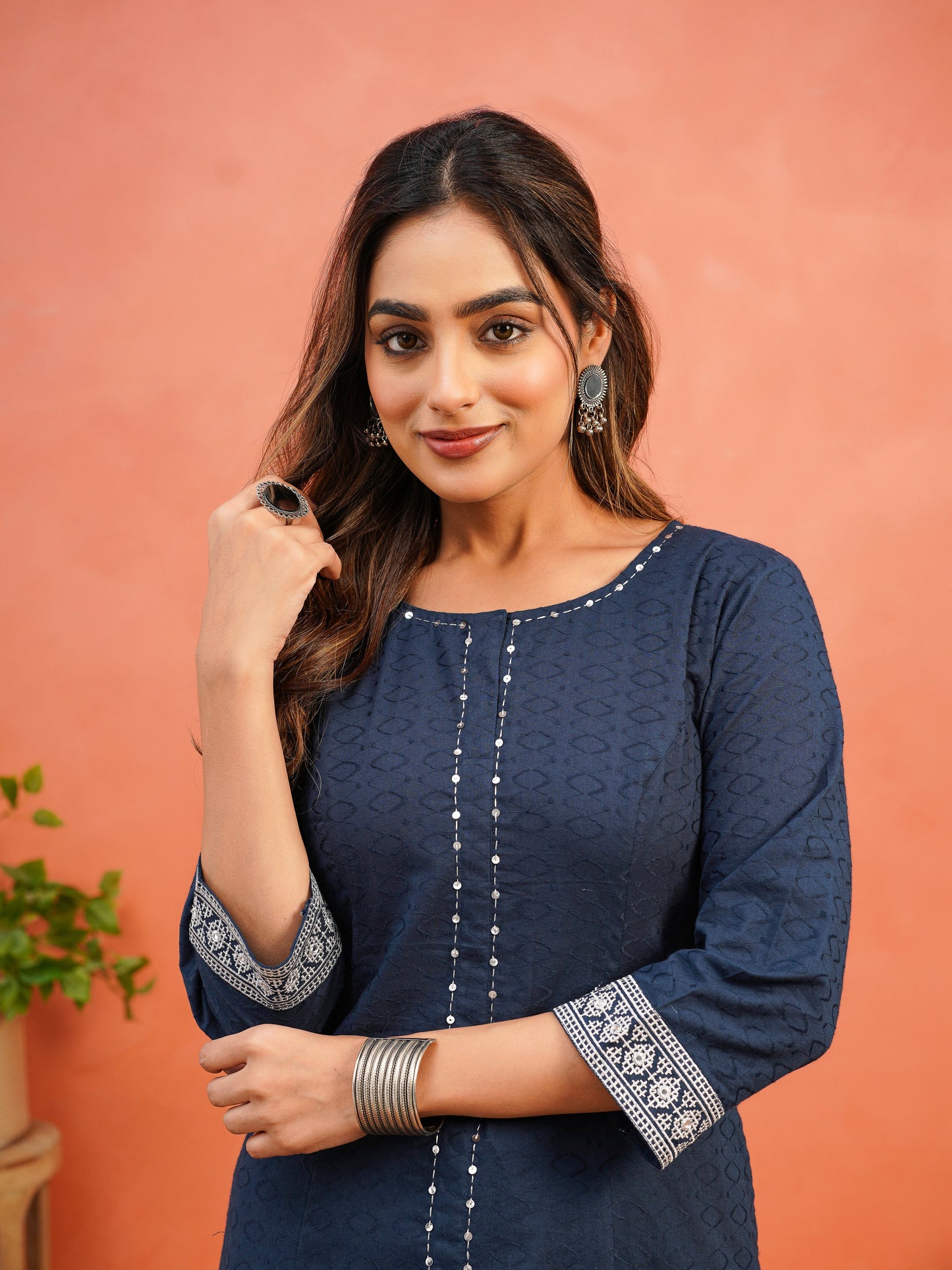 Embroidered Cotton Jacquard Solid Flared Blue Kurta