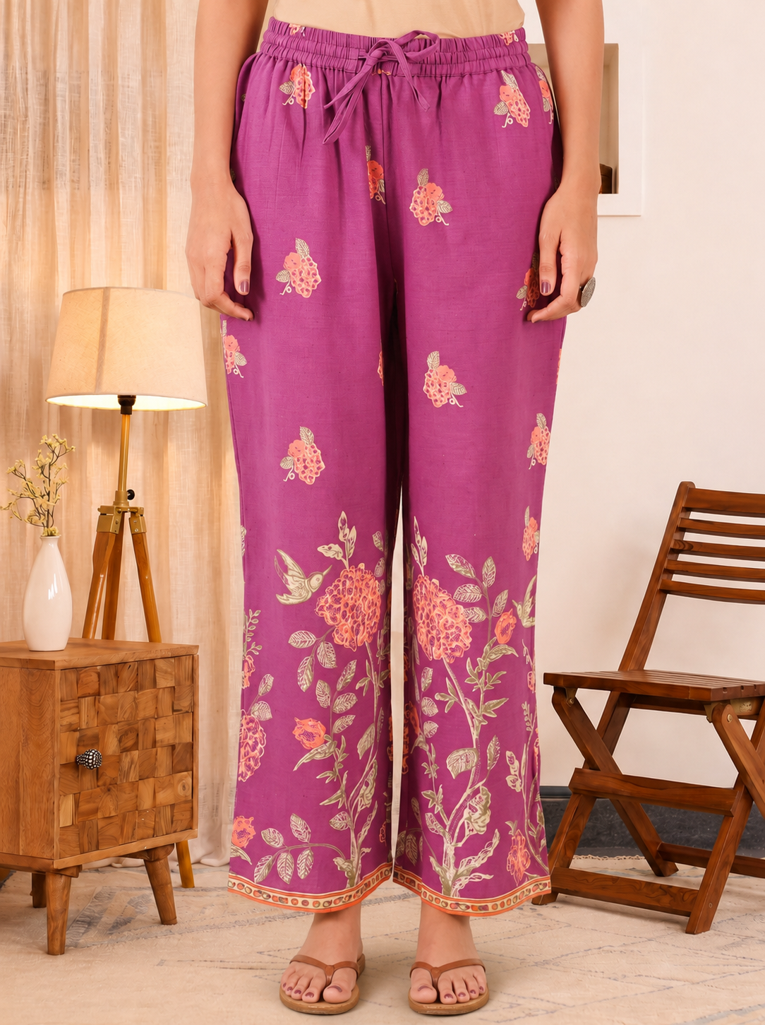Linen Cotton Placement Print Purple Palazzo
