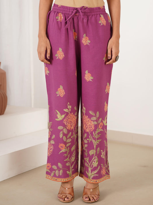 Linen Cotton Placement Print Purple Palazzo