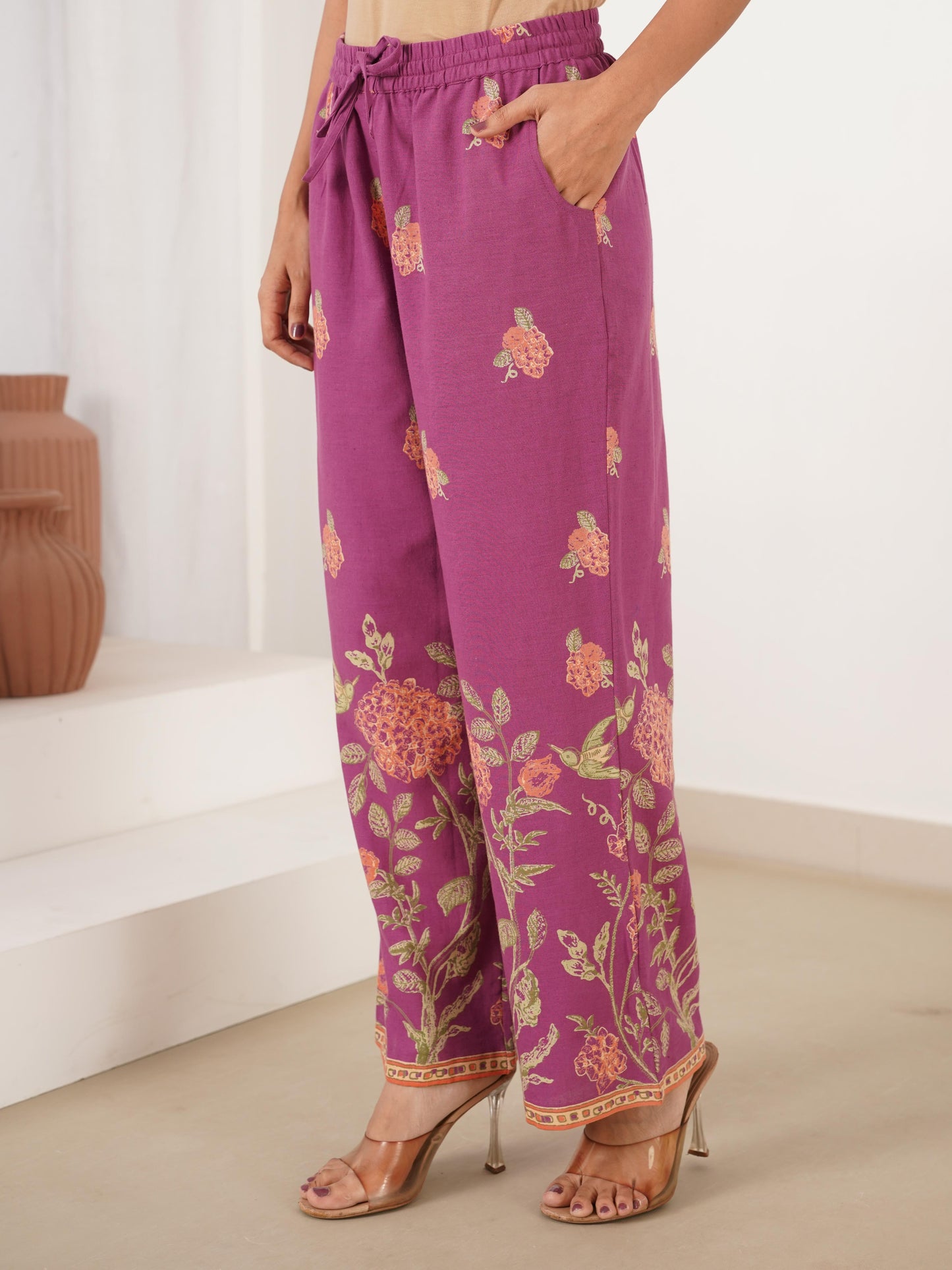 Linen Cotton Placement Print Purple Palazzo