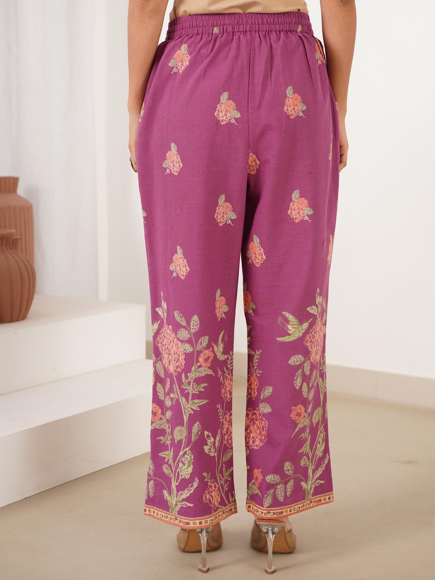 Linen Cotton Placement Print Purple Palazzo