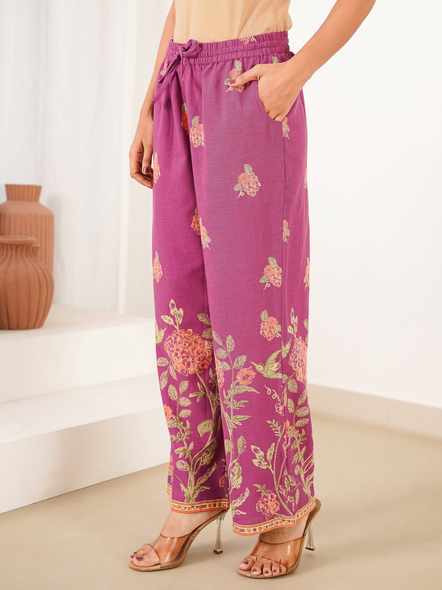 Linen Cotton Placement Print Straight Purple Kurta