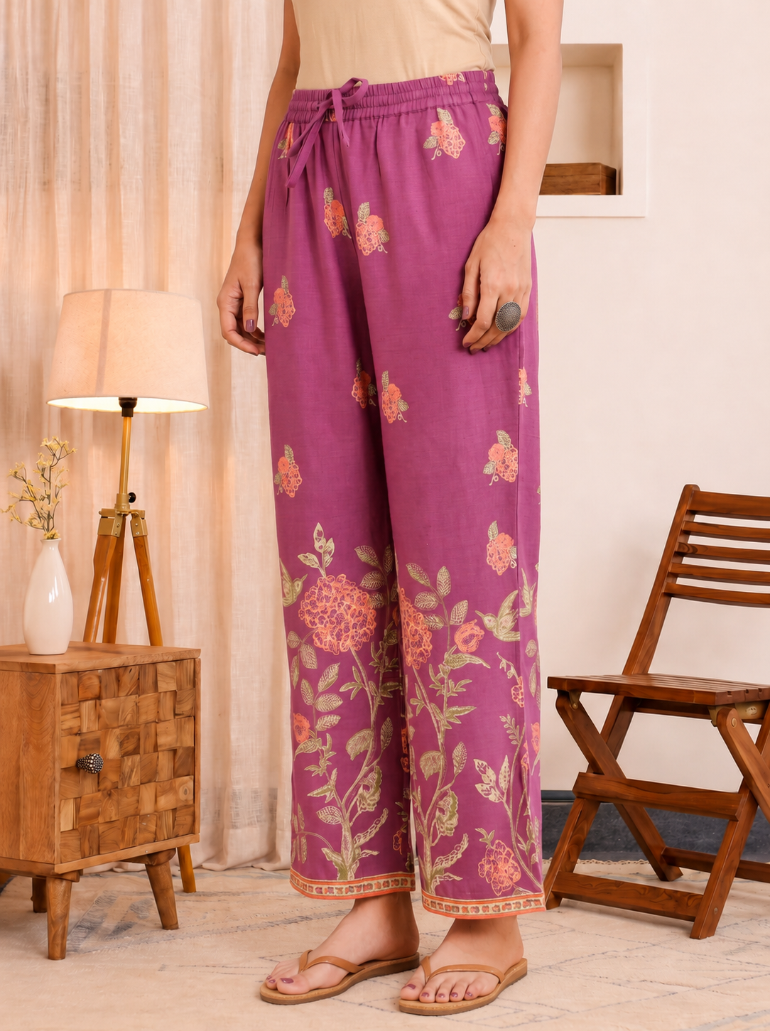 Linen Cotton Placement Print Straight Purple Kurta