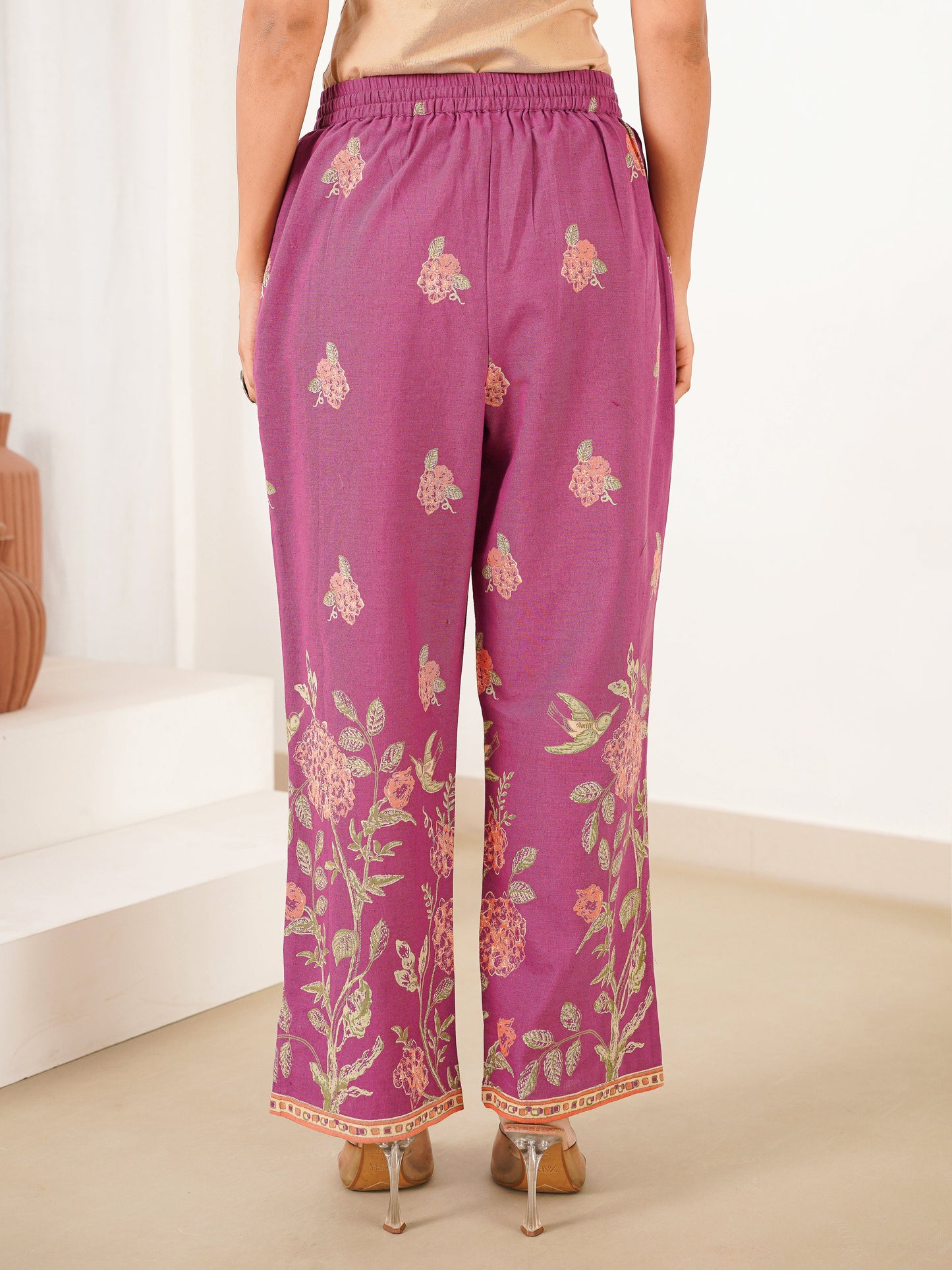 Linen Cotton Placement Print Straight Purple Kurta