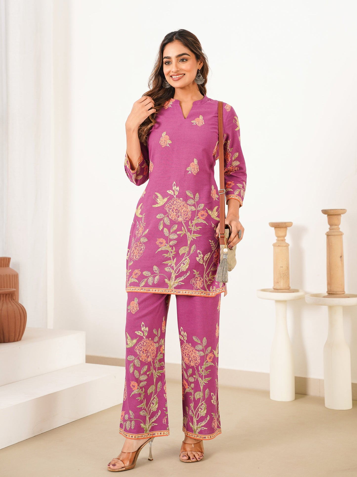 Linen Cotton Placement Print Straight Purple Kurta