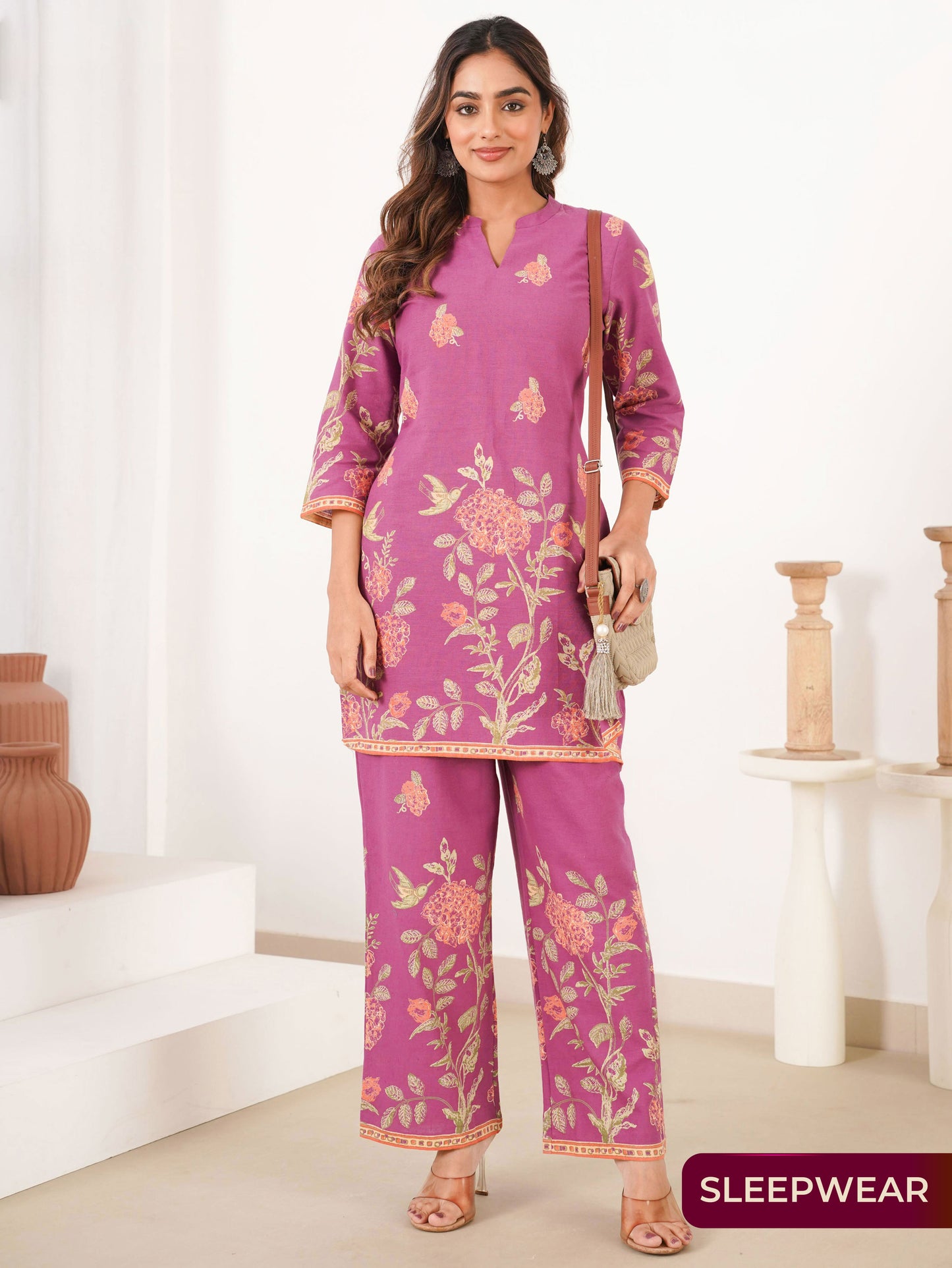 Linen Cotton Placement Print Straight Purple Kurta