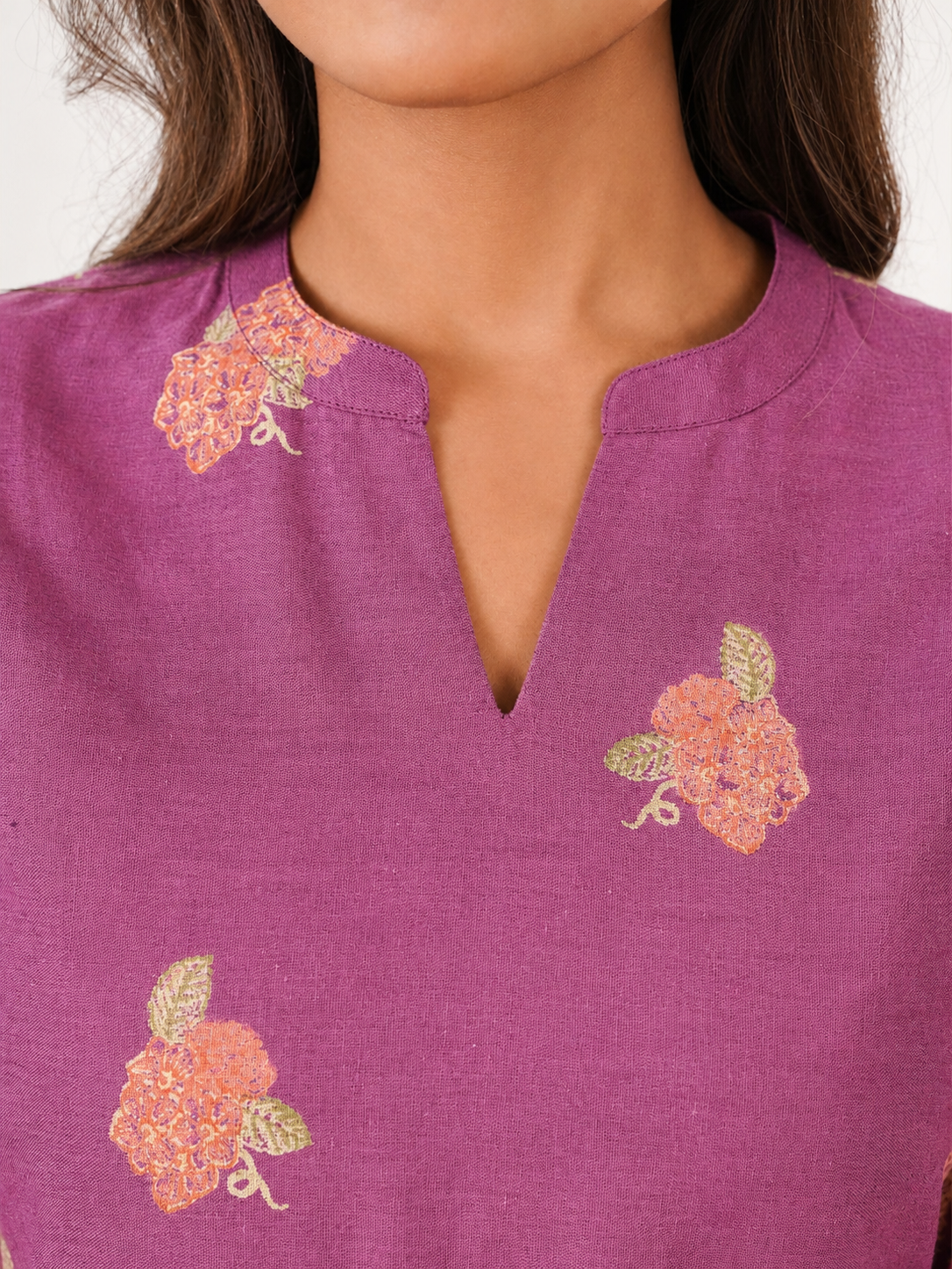 Linen Cotton Placement Print Straight Purple Kurta